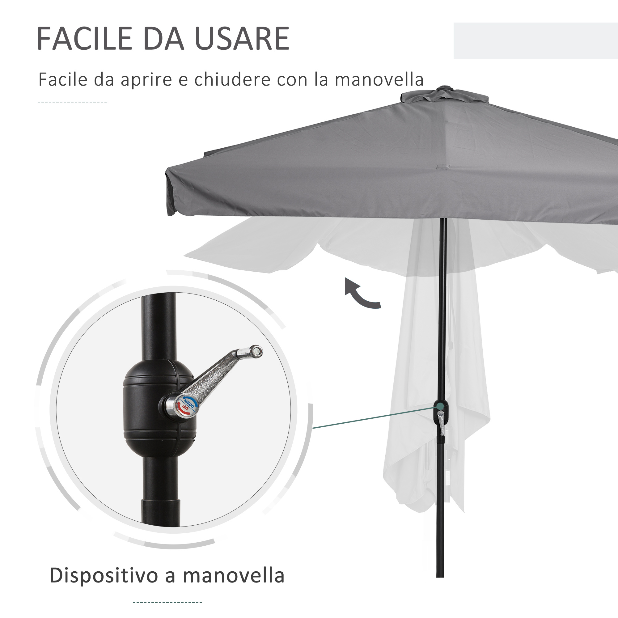 Ombrellone grigio con meccanismo a manovella per aprire e chiudere.