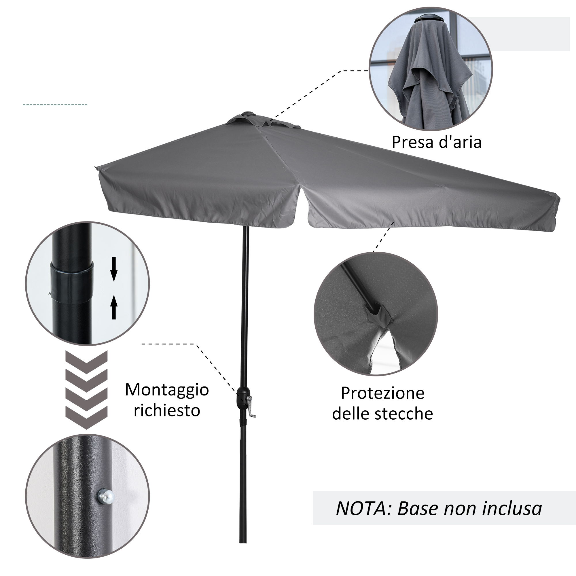 Ombrellone grigio con dettagli su montaggio e ventilazione.