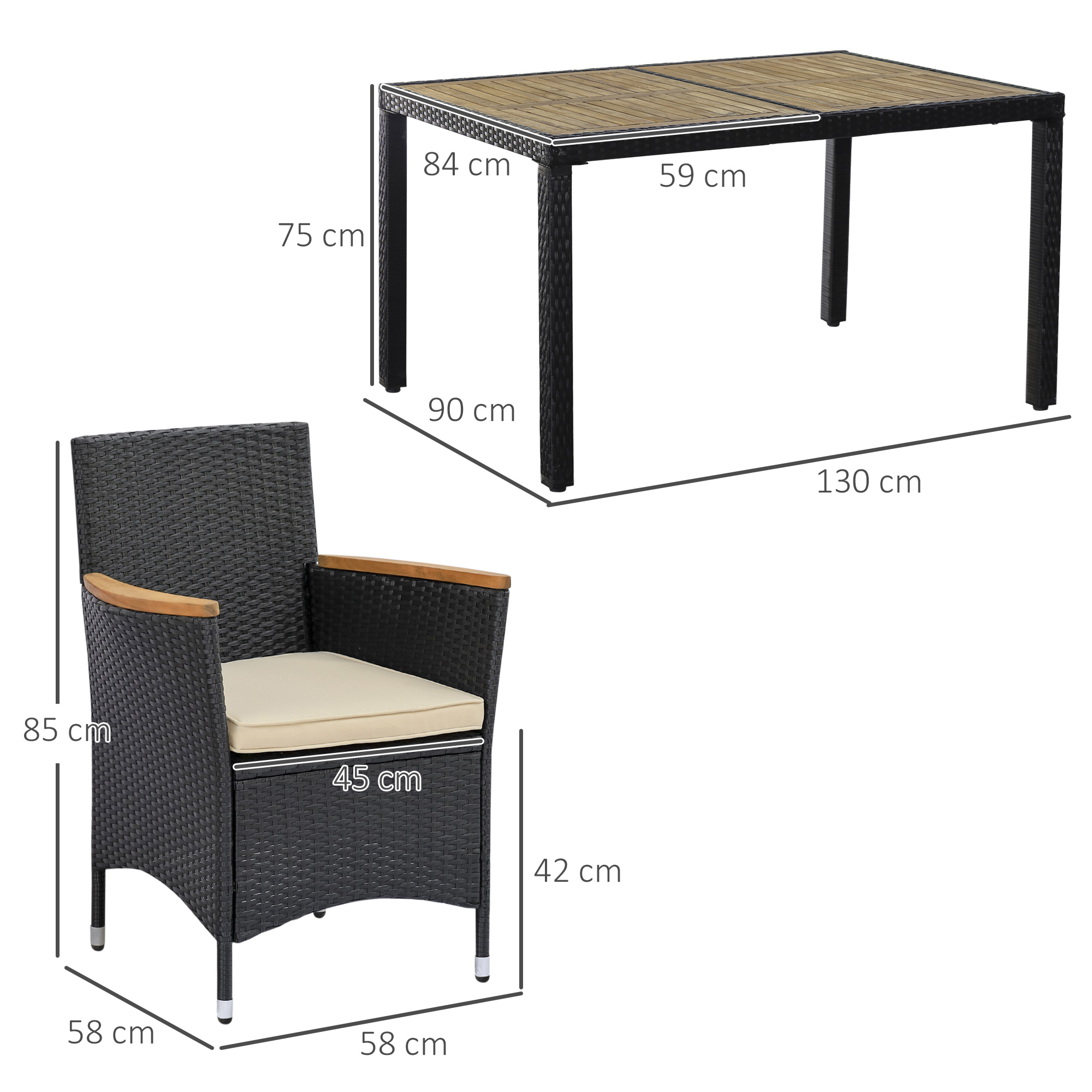 Una sedia in rattan nero con cuscino e un tavolo con piano in legno.