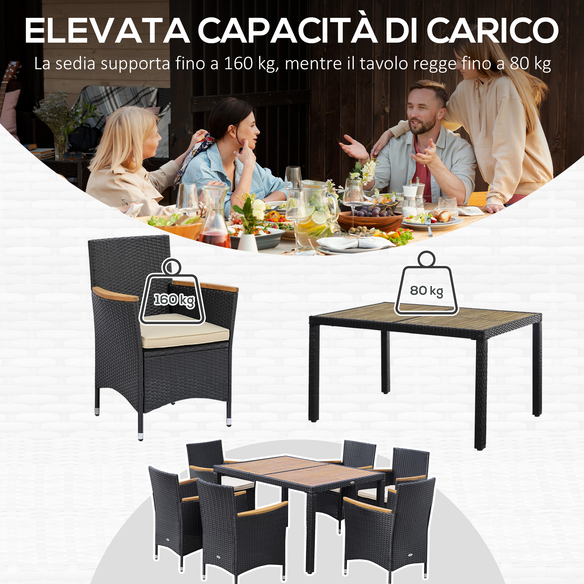 Mobili da esterno: Sedia 160kg e tavolo 80kg. Famiglia a tavolo da pranzo esterno.