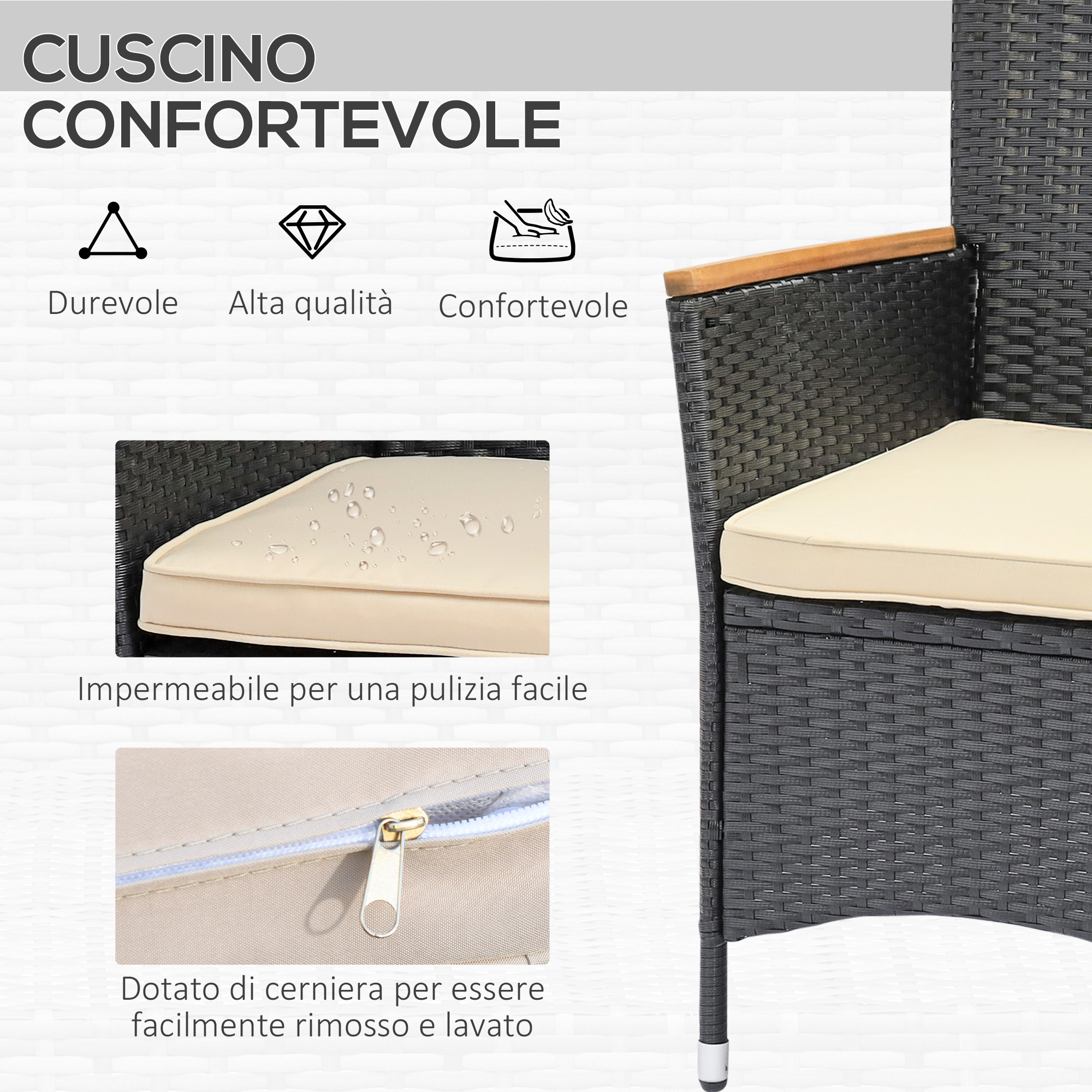 Un cuscino beige su una sedia in rattan grigio scuro con braccioli in legno.