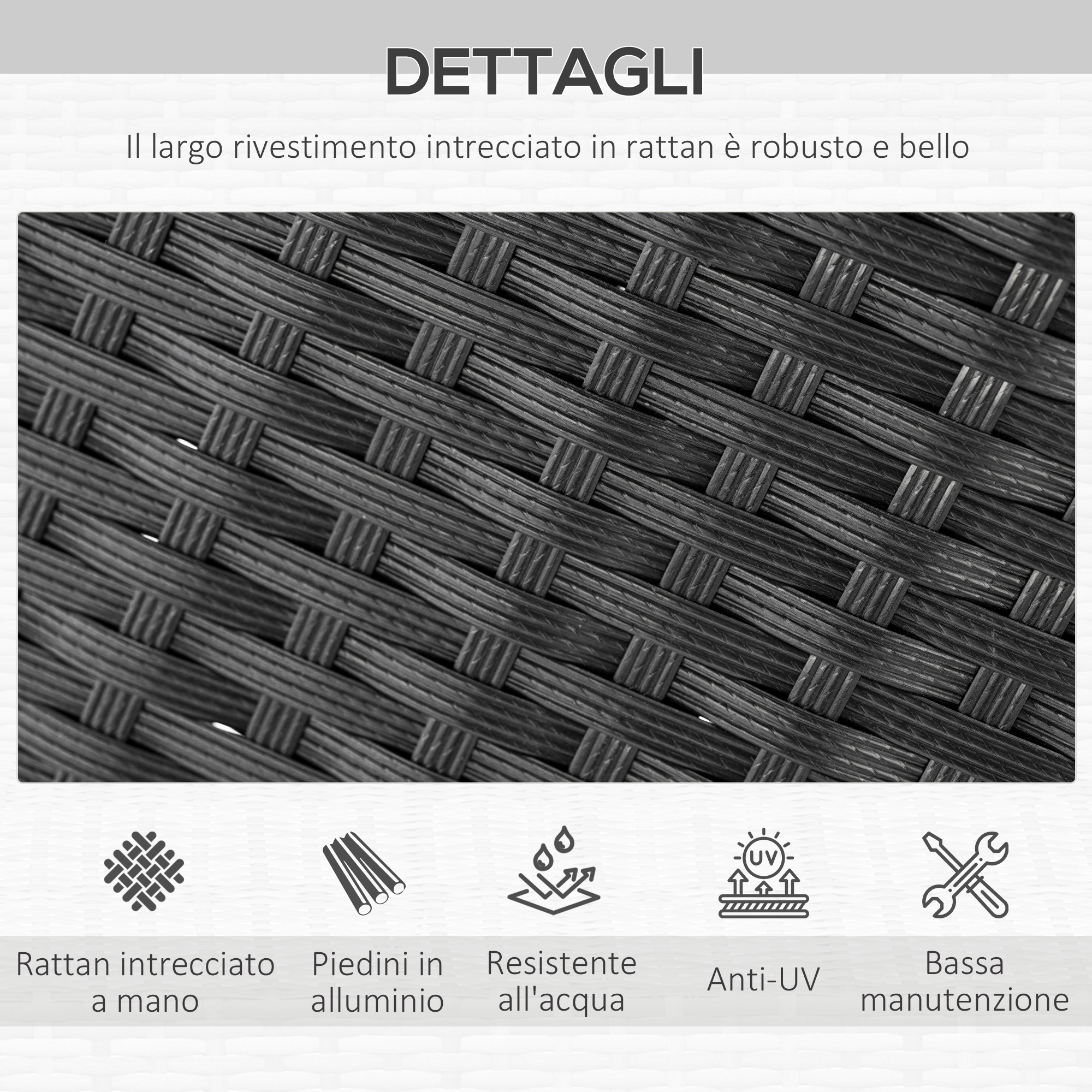 Primo piano di intreccio in rattan grigio scuro con dettagli come piedini in alluminio.