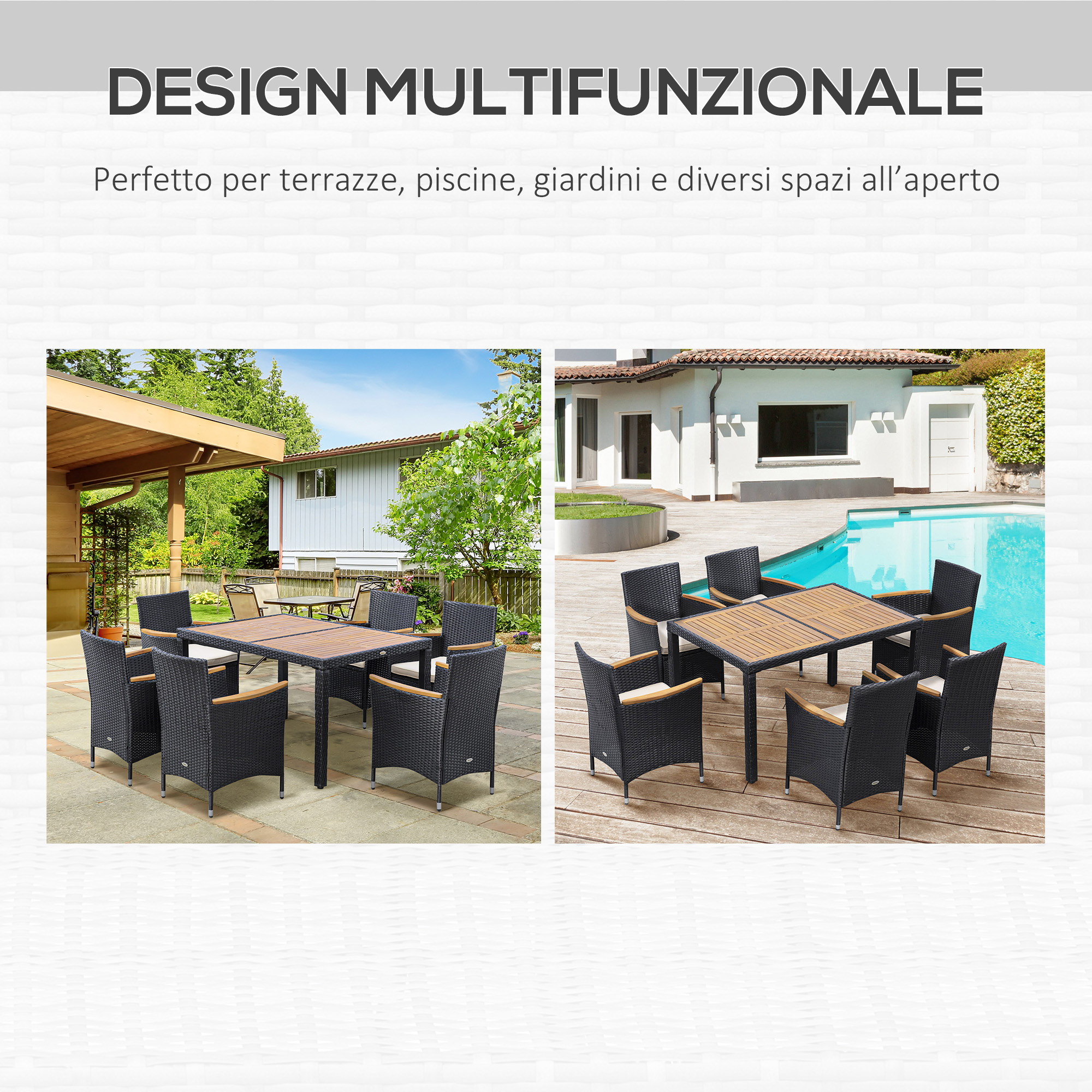 Set di mobili da esterno con sedie nere e tavolo in legno su due patii.