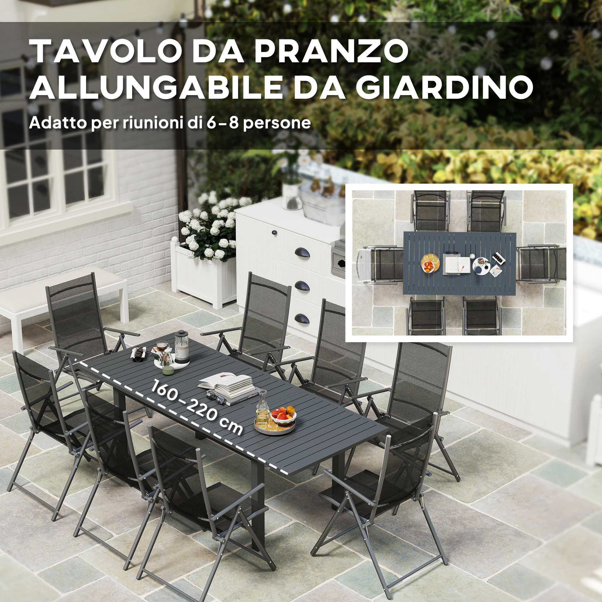 Un tavolo da giardino estensibile color antracite con sei sedie su un patio di pietra.