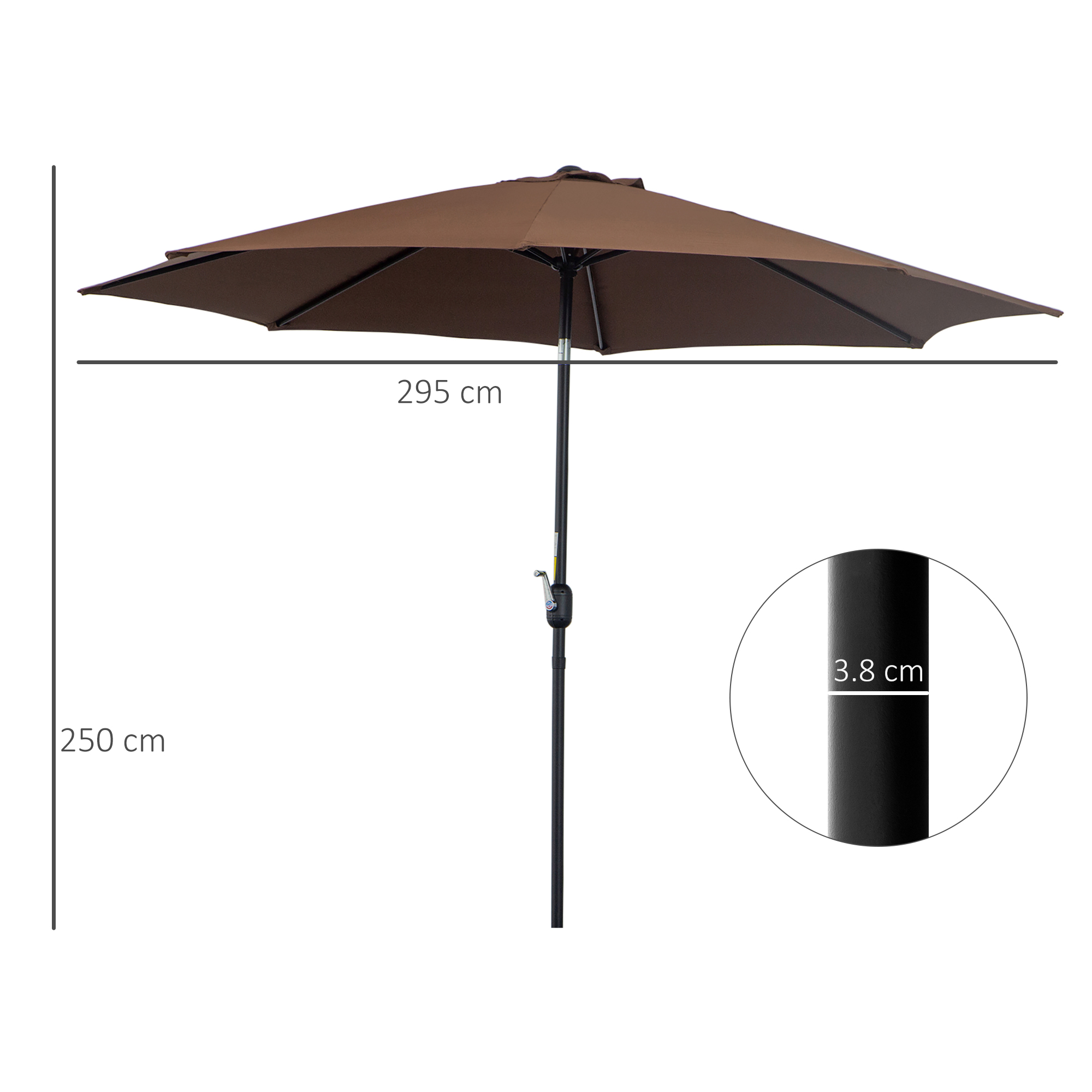 Un ombrellone da esterno marrone con 295 cm di apertura e 250 cm di altezza.