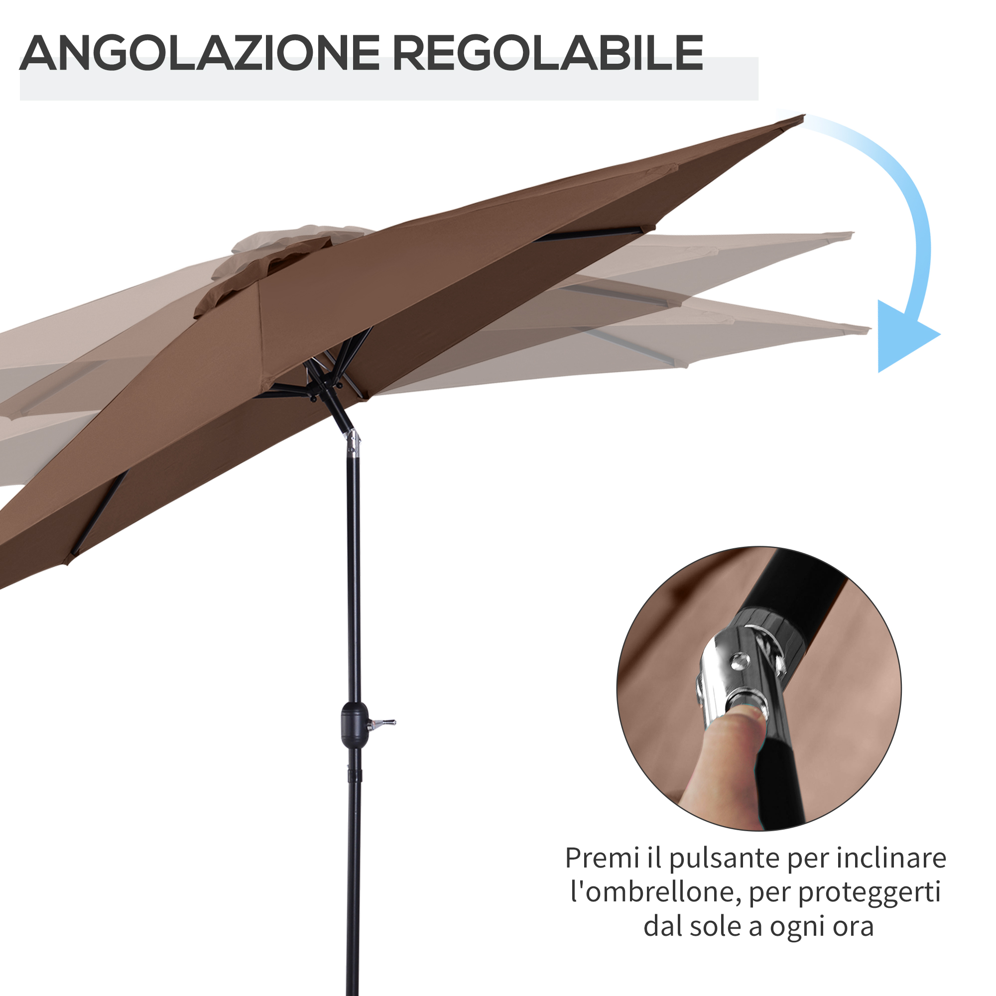Un ombrellone da esterno marrone con angolo regolabile.