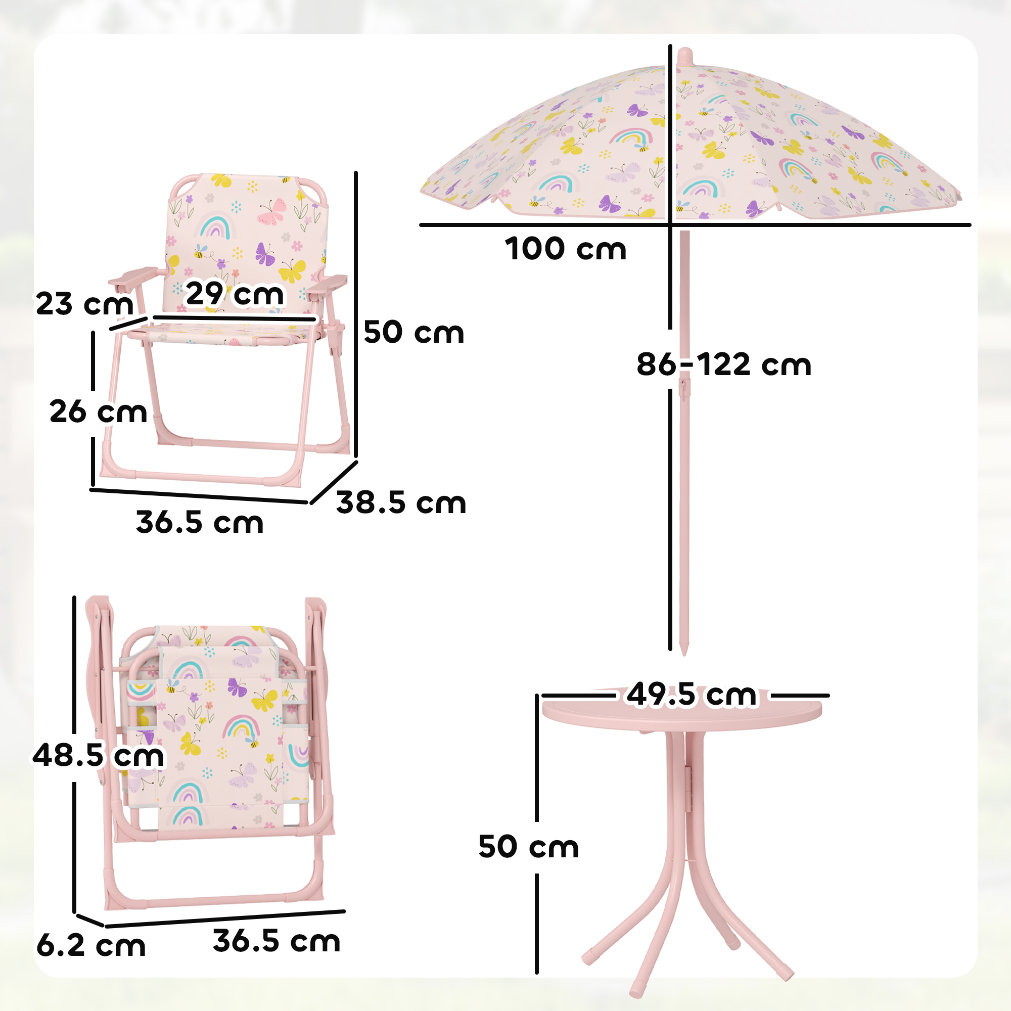 Mobili per bambini rosa con fantasia di farfalle e arcobaleno. Dimensioni indicate.