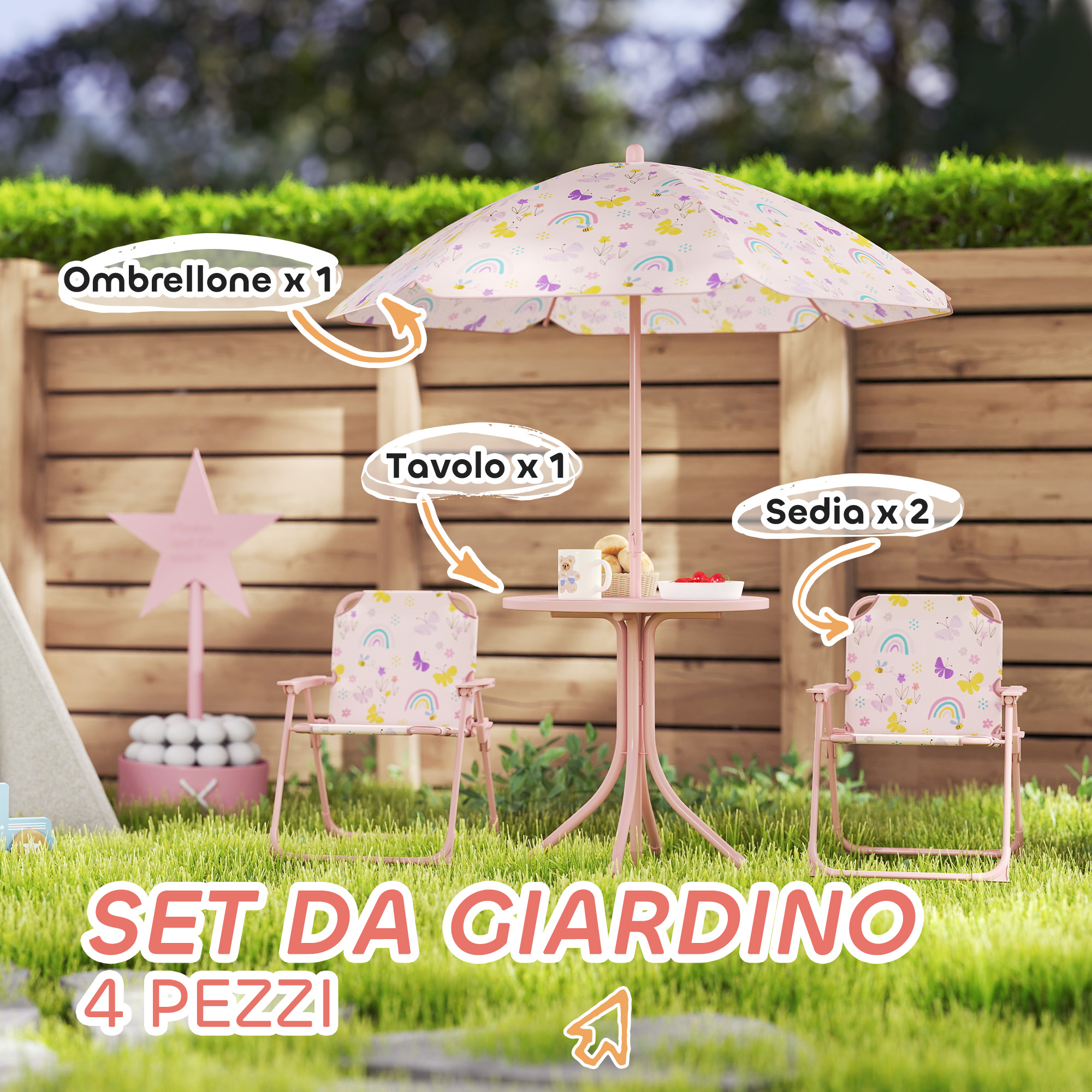 Un set da giardino rosa con ombrellone, tavolo e due sedie all'aperto.