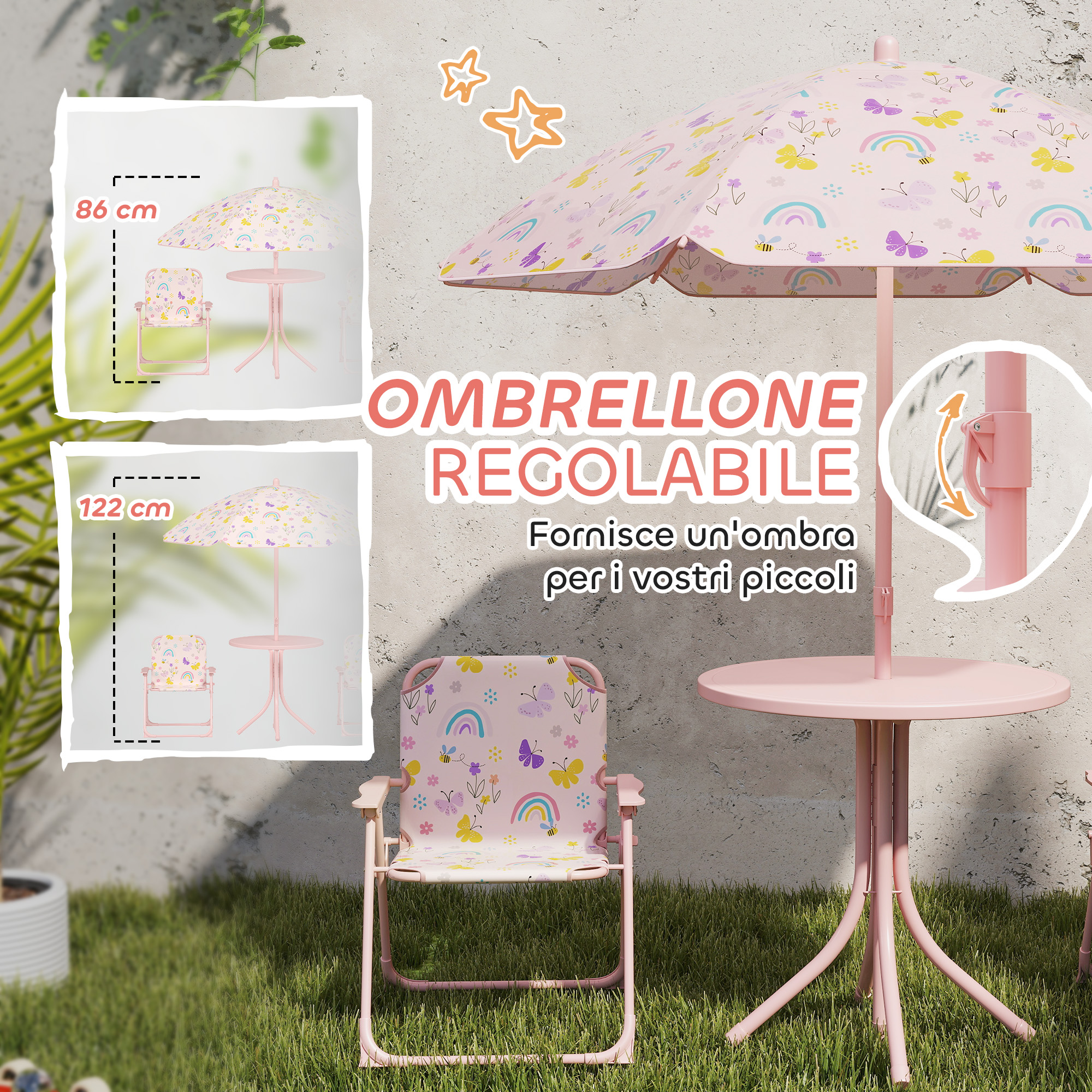 Un tavolino e sedia rosa per bambini con ombrellone, decorati con farfalle e arcobaleni.