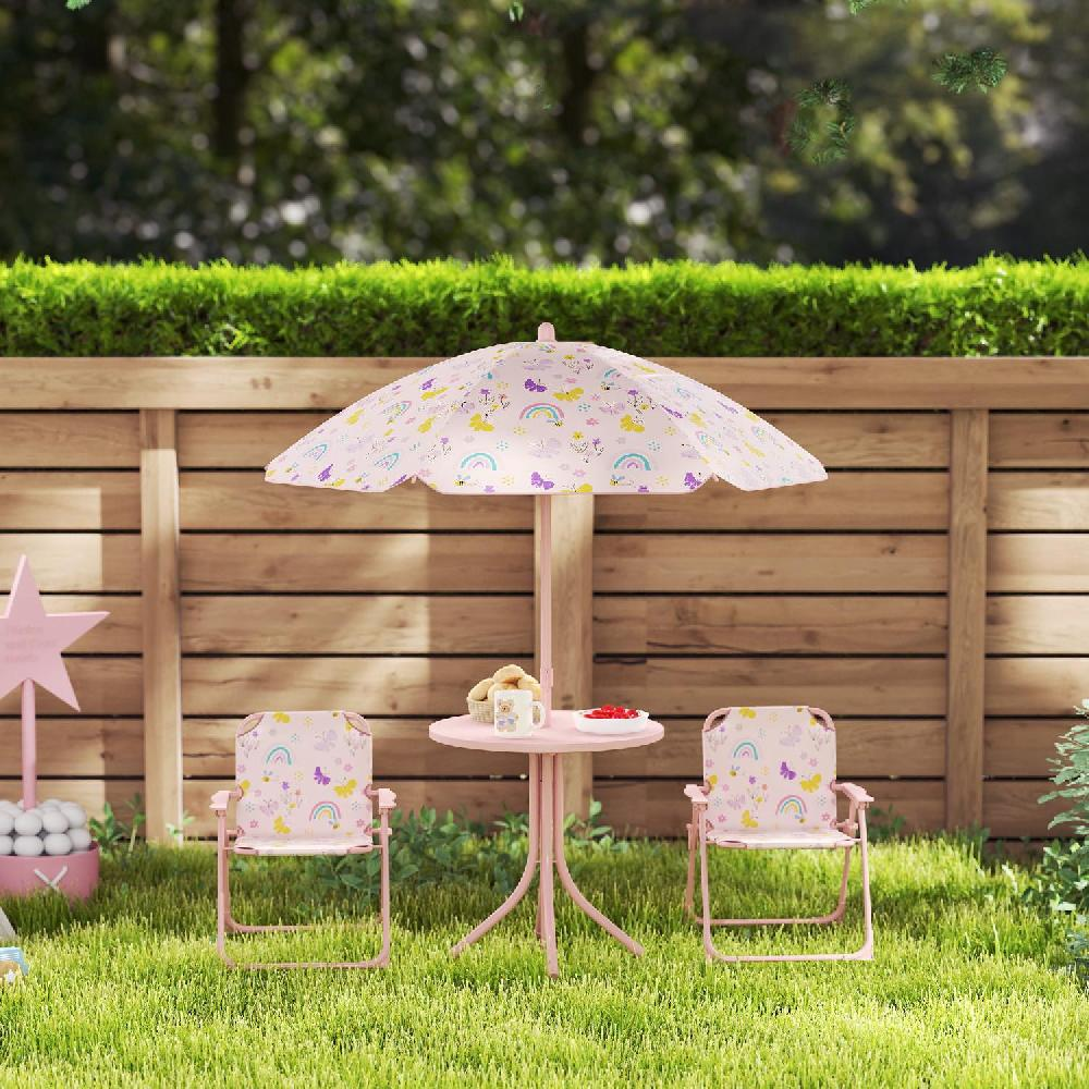 Un set da giardino rosa per bambini con tavolo, sedie e ombrellone con disegni arcobaleno.