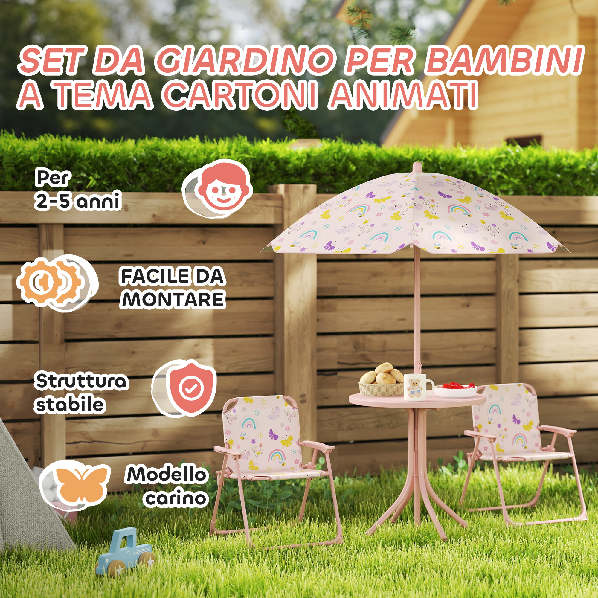 Set da giardino per bambini rosa con motivi di farfalle e arcobaleni.