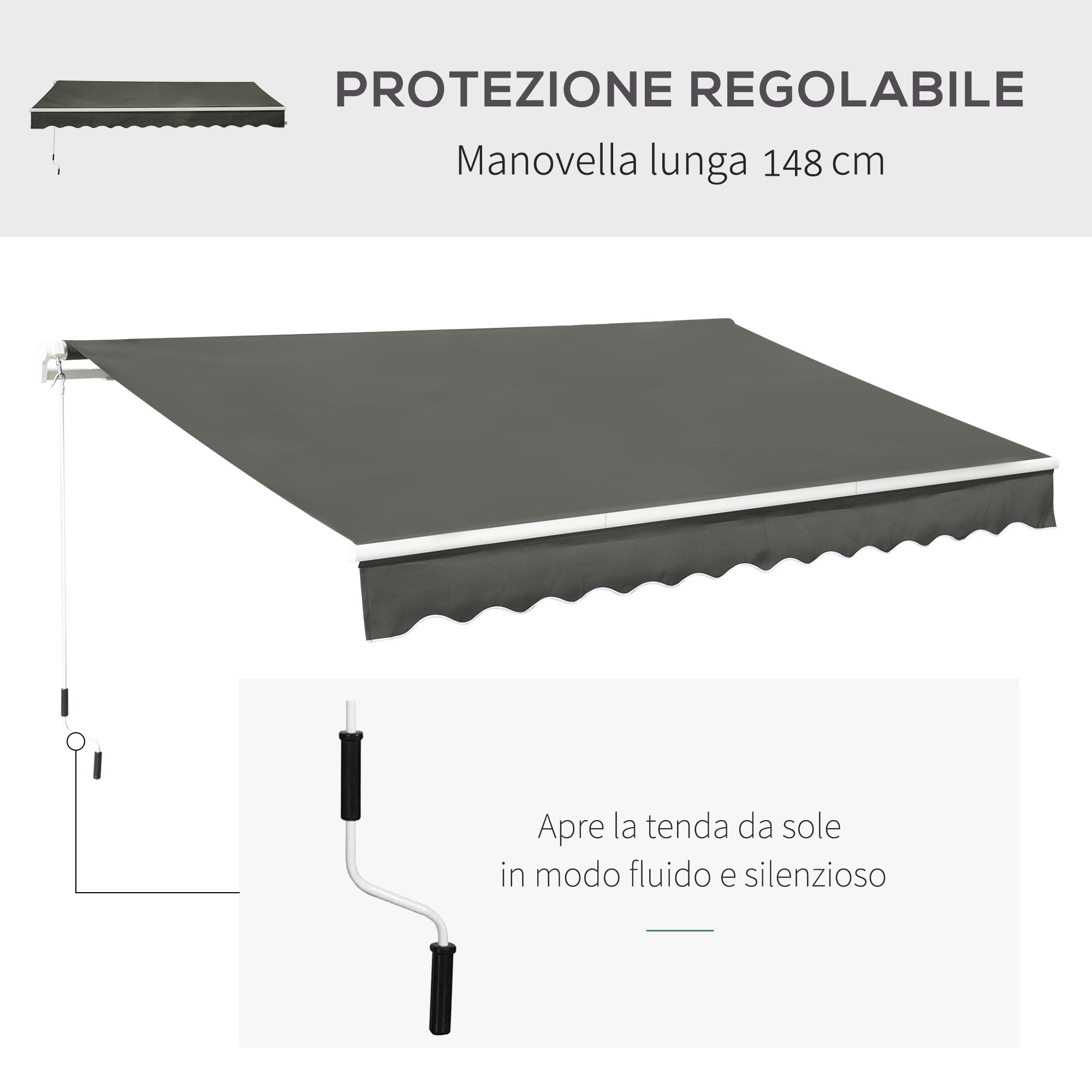 Tenda da sole grigia con manovella. Protezione solare regolabile.