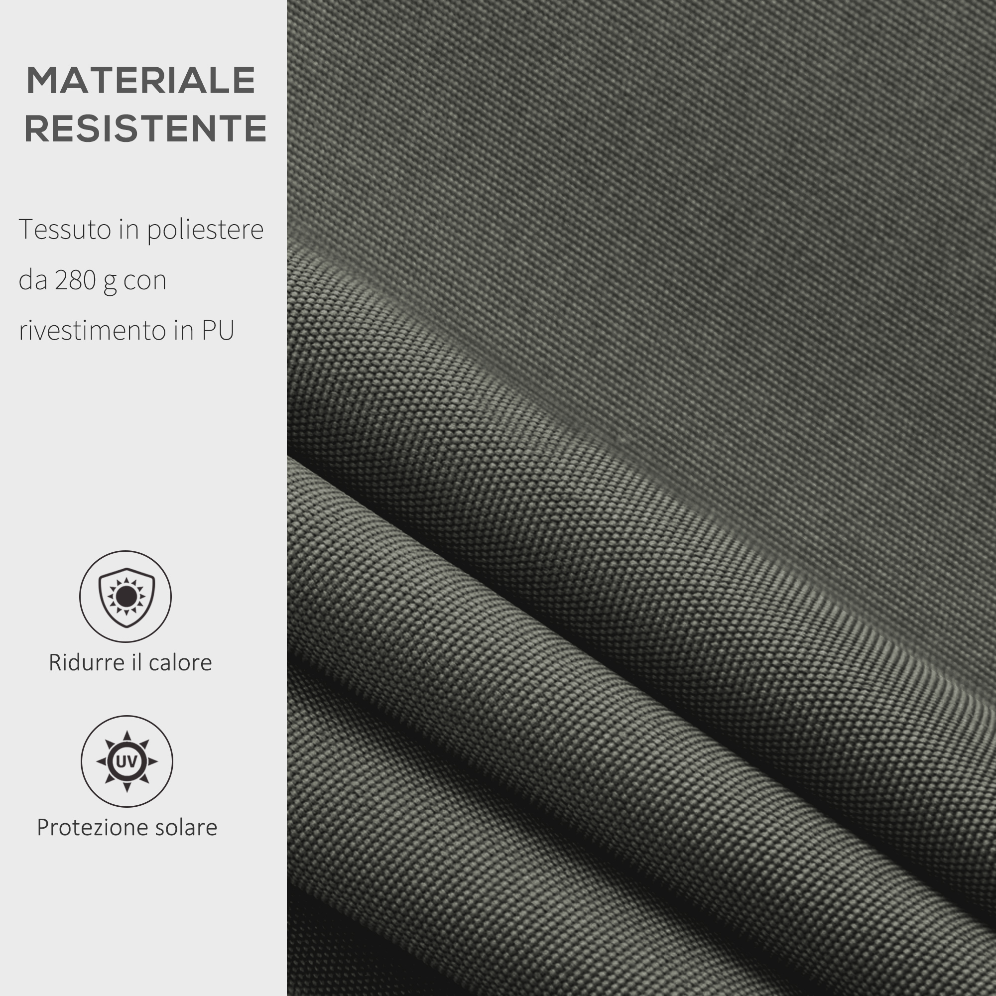 Tessuto poliestere grigio resistente con rivestimento PU. Protezione UV.