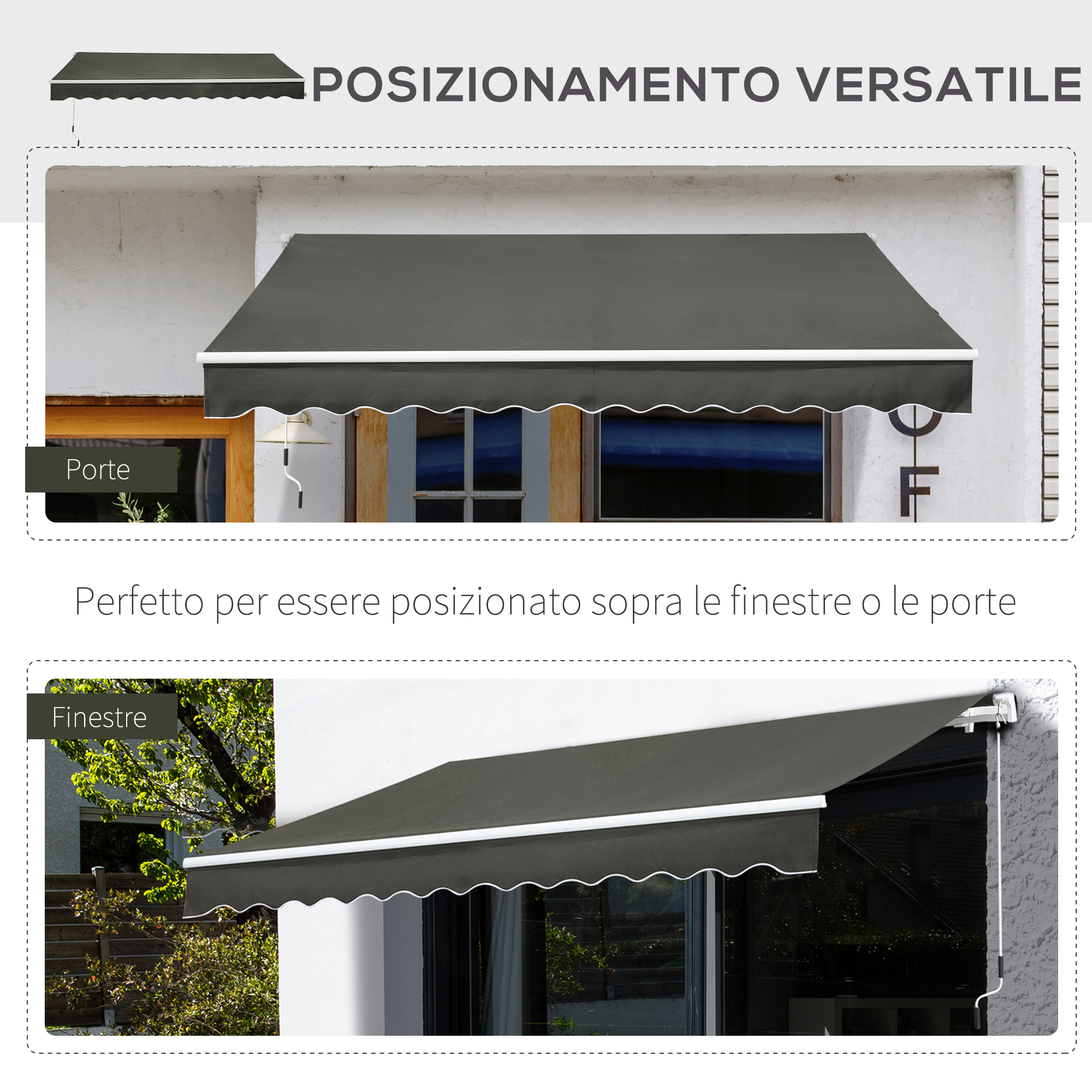 Tessuto grigio per tenda da sole con bordo smerlato bianco su porta.