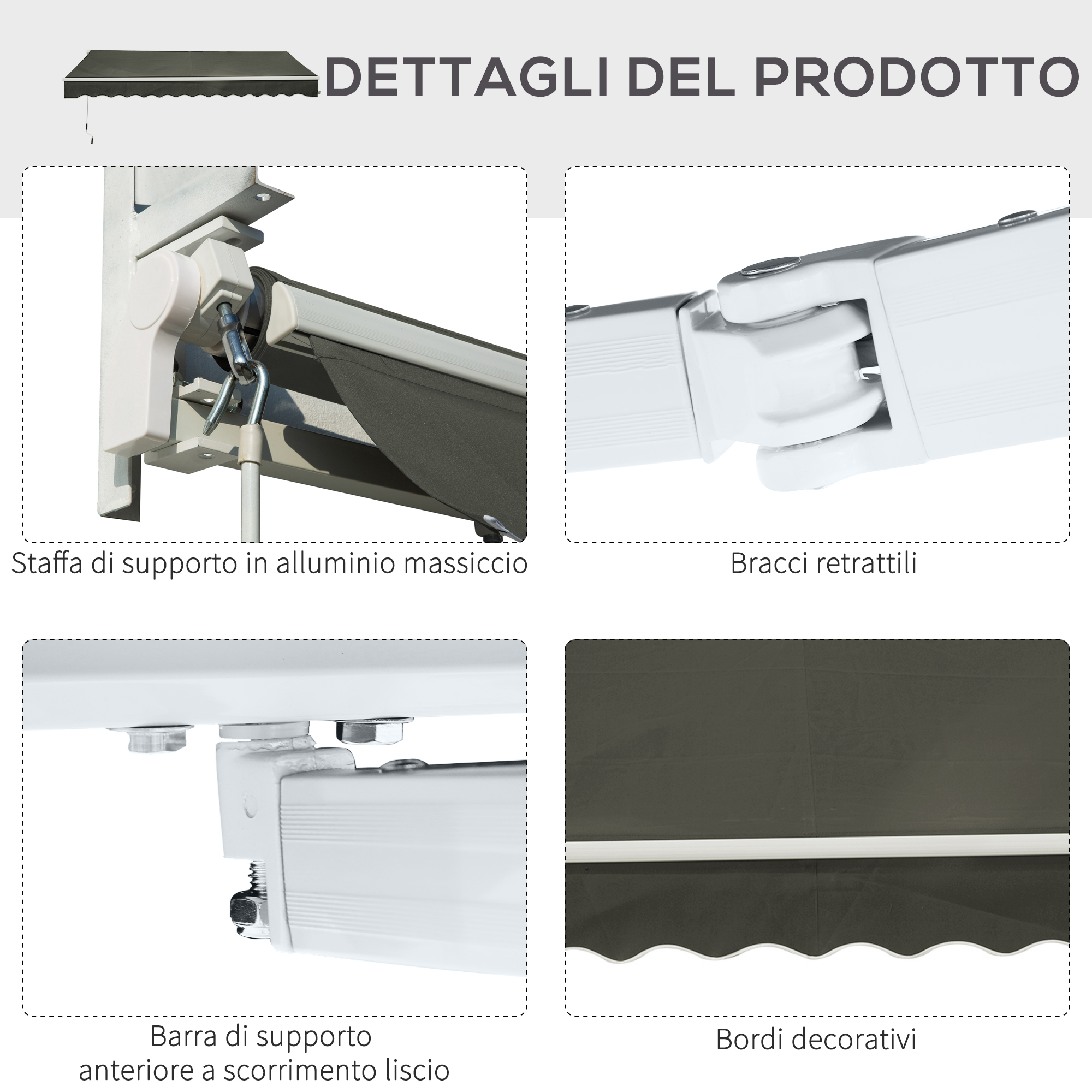 Vista prodotto con dettagli: staffa alluminio, bracci retrattili, barra liscia, bordi decorativi.