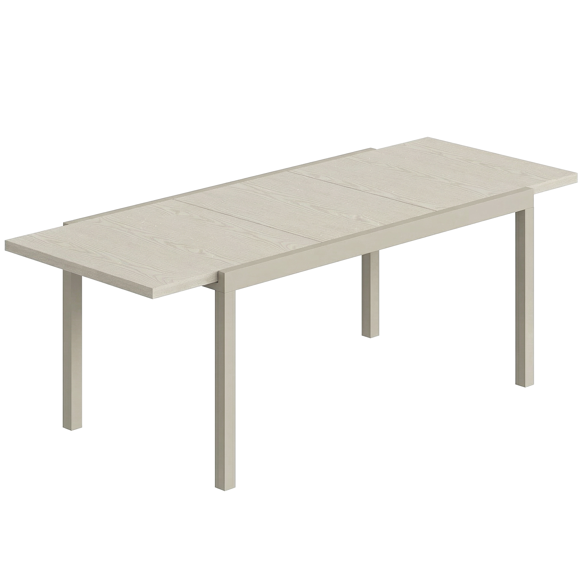 Un tavolo da pranzo allungabile con venature chiare e struttura in metallo grigio.