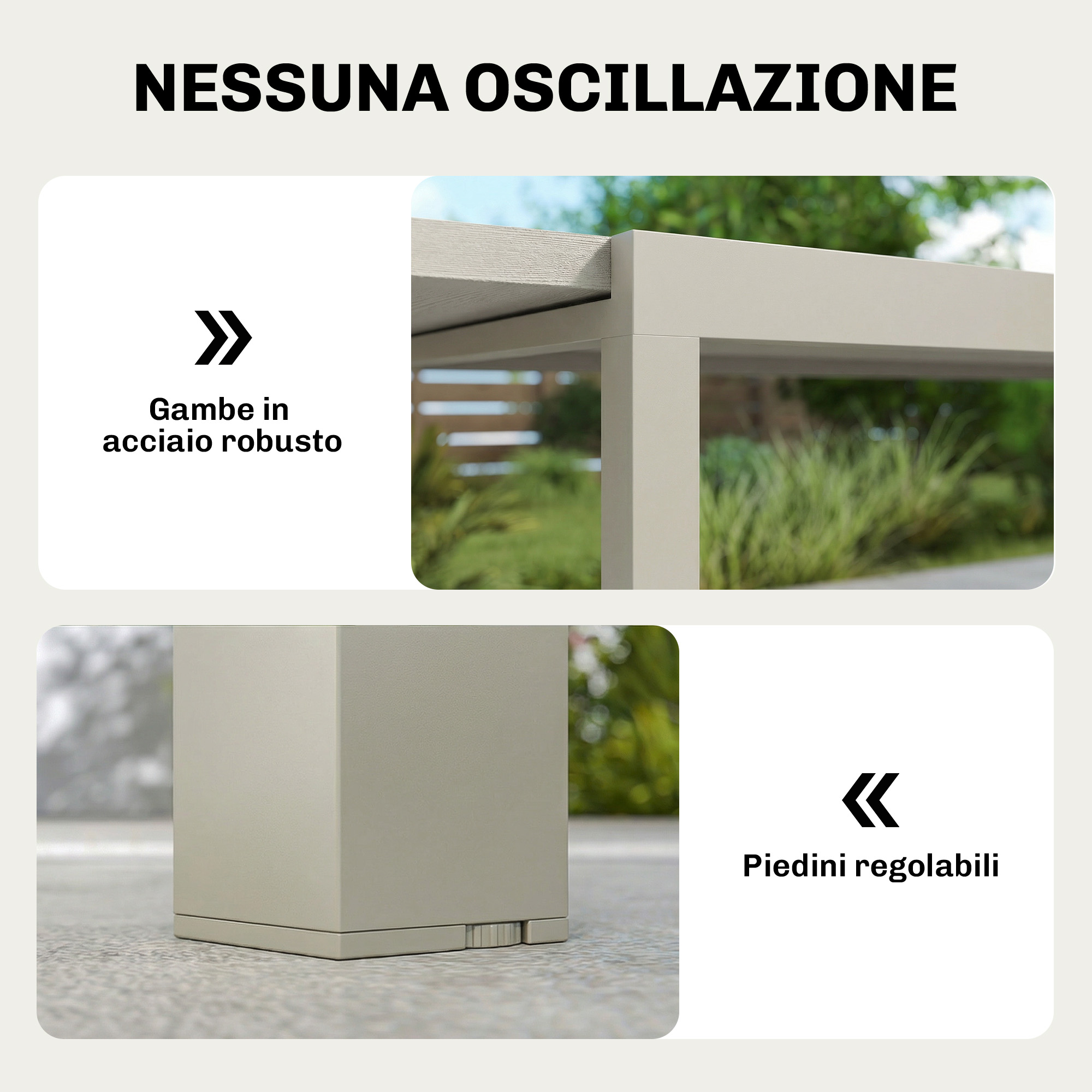 Base tavolo con gambe in acciaio robuste e piedini regolabili.