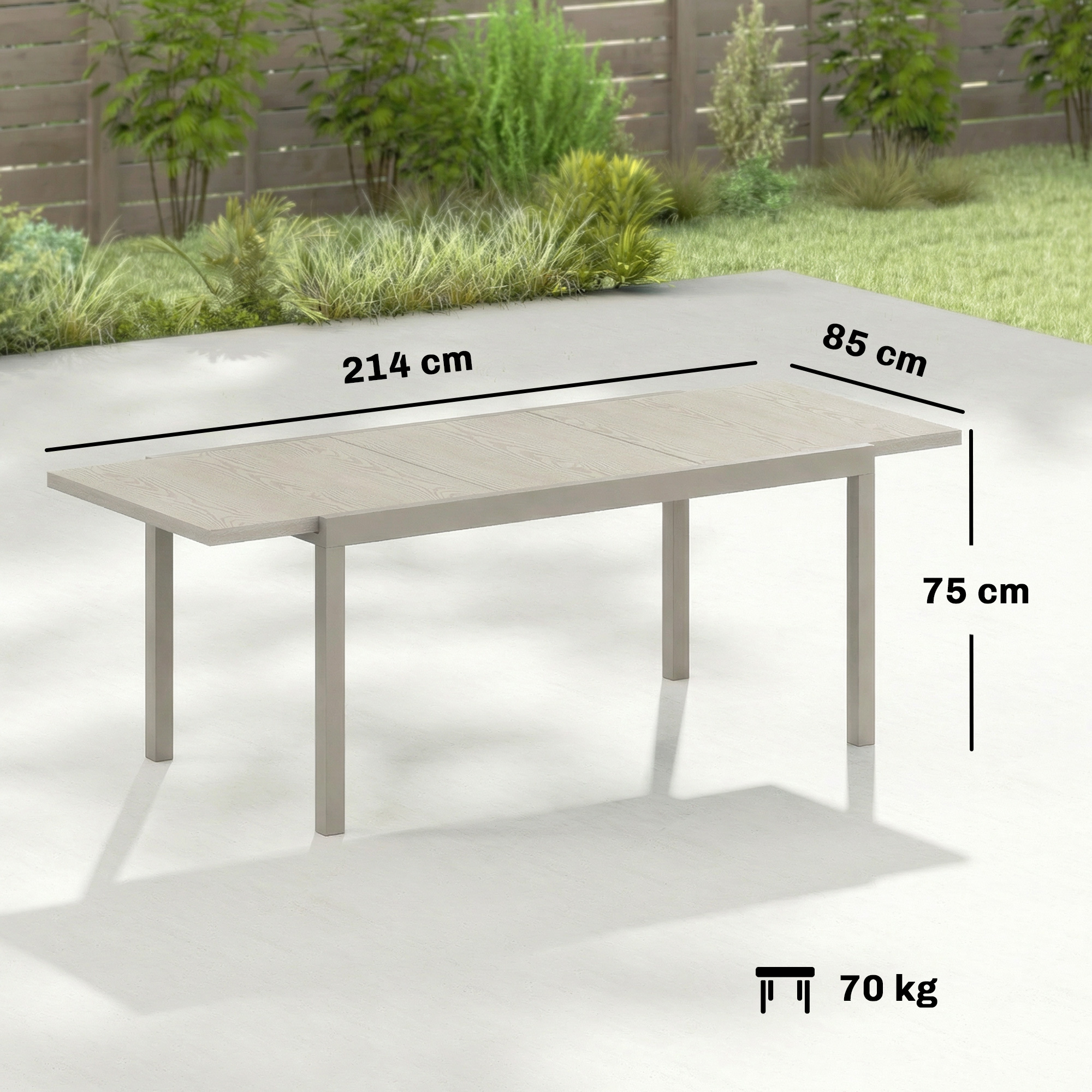 Tavolo rettangolare con venature chiare, 214x85x75cm, peso 70kg.