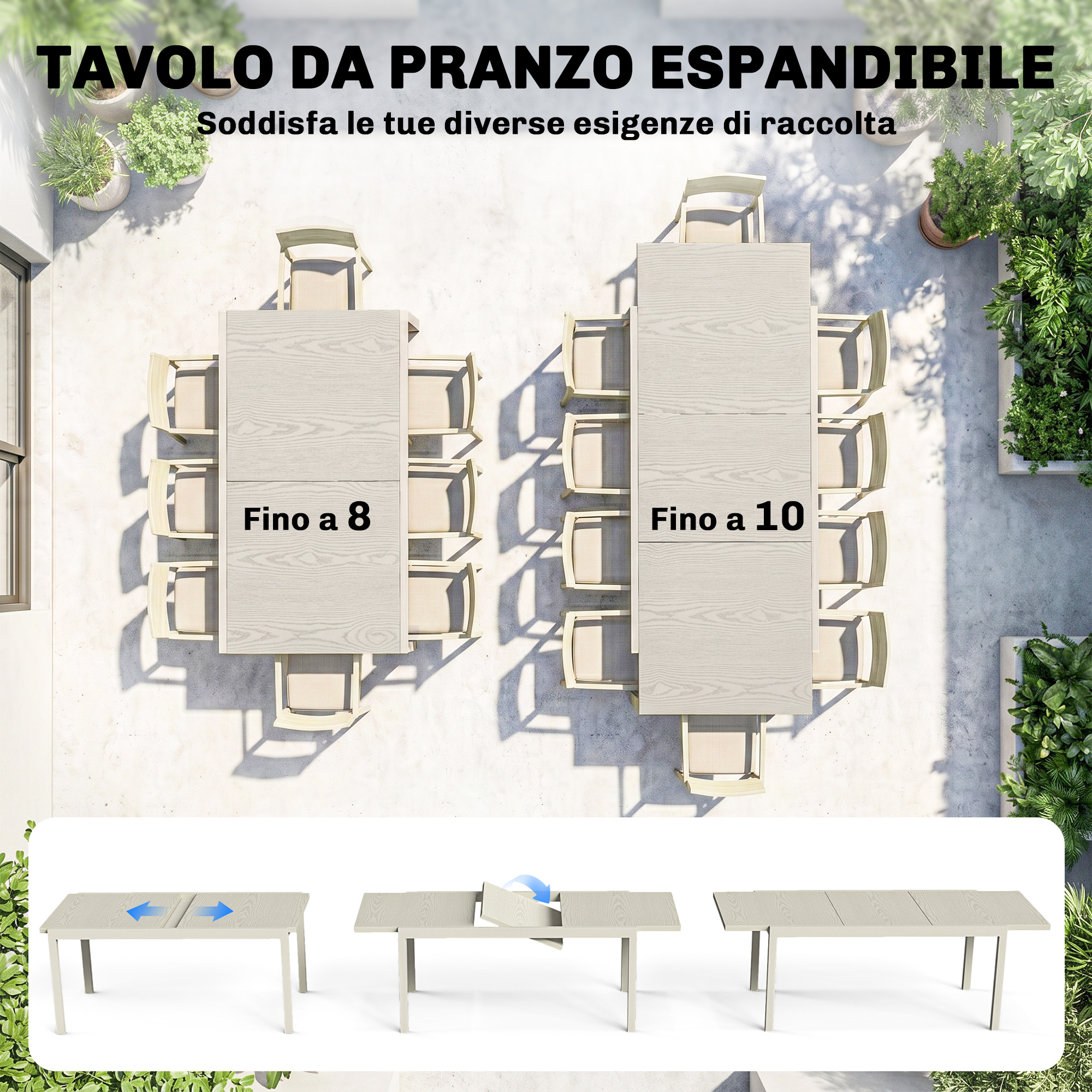 Un tavolo da pranzo allungabile con sedie, per un massimo di 10 persone.