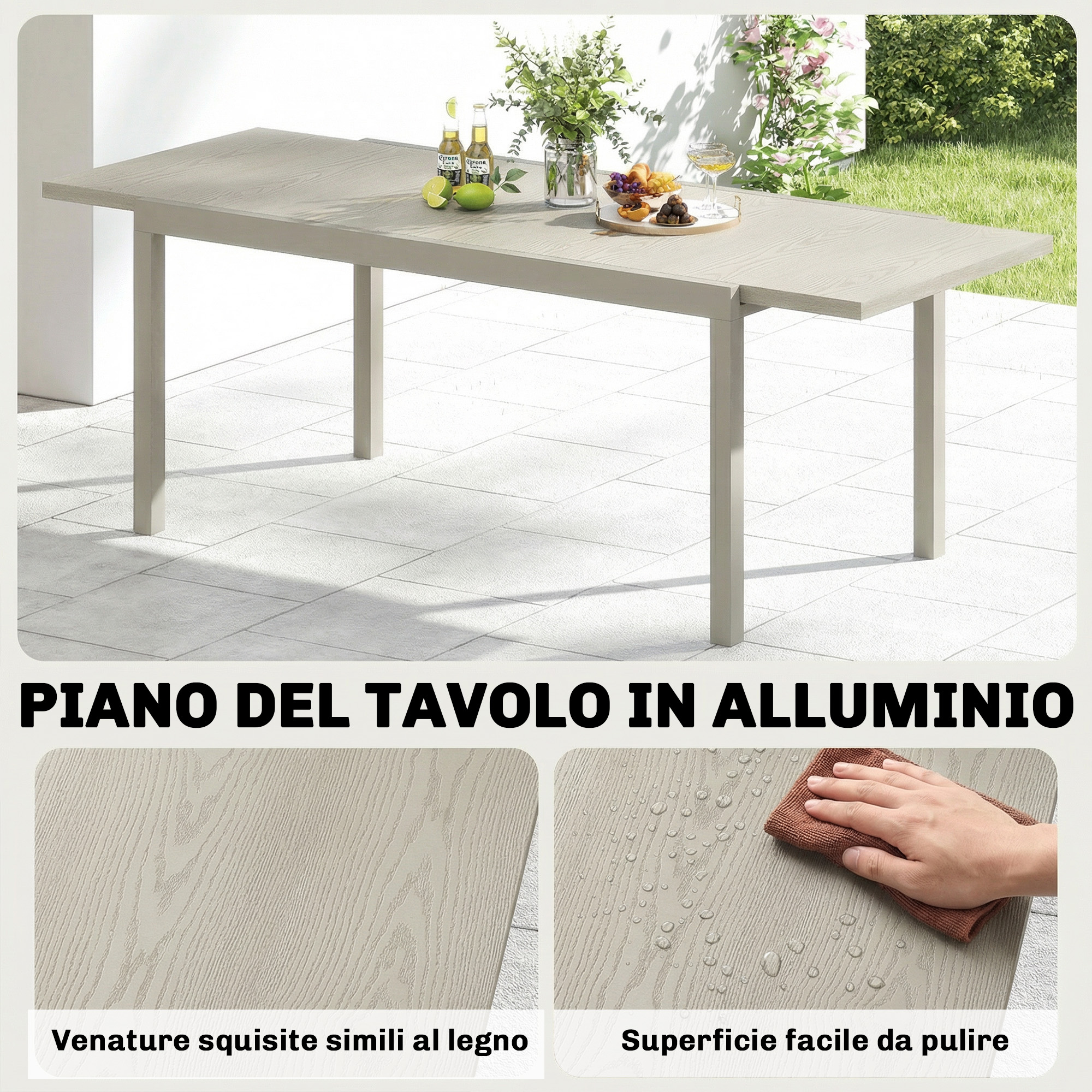 Tavolo in alluminio grigio con venature di legno, decorato con bottiglie, frutta e bicchiere.