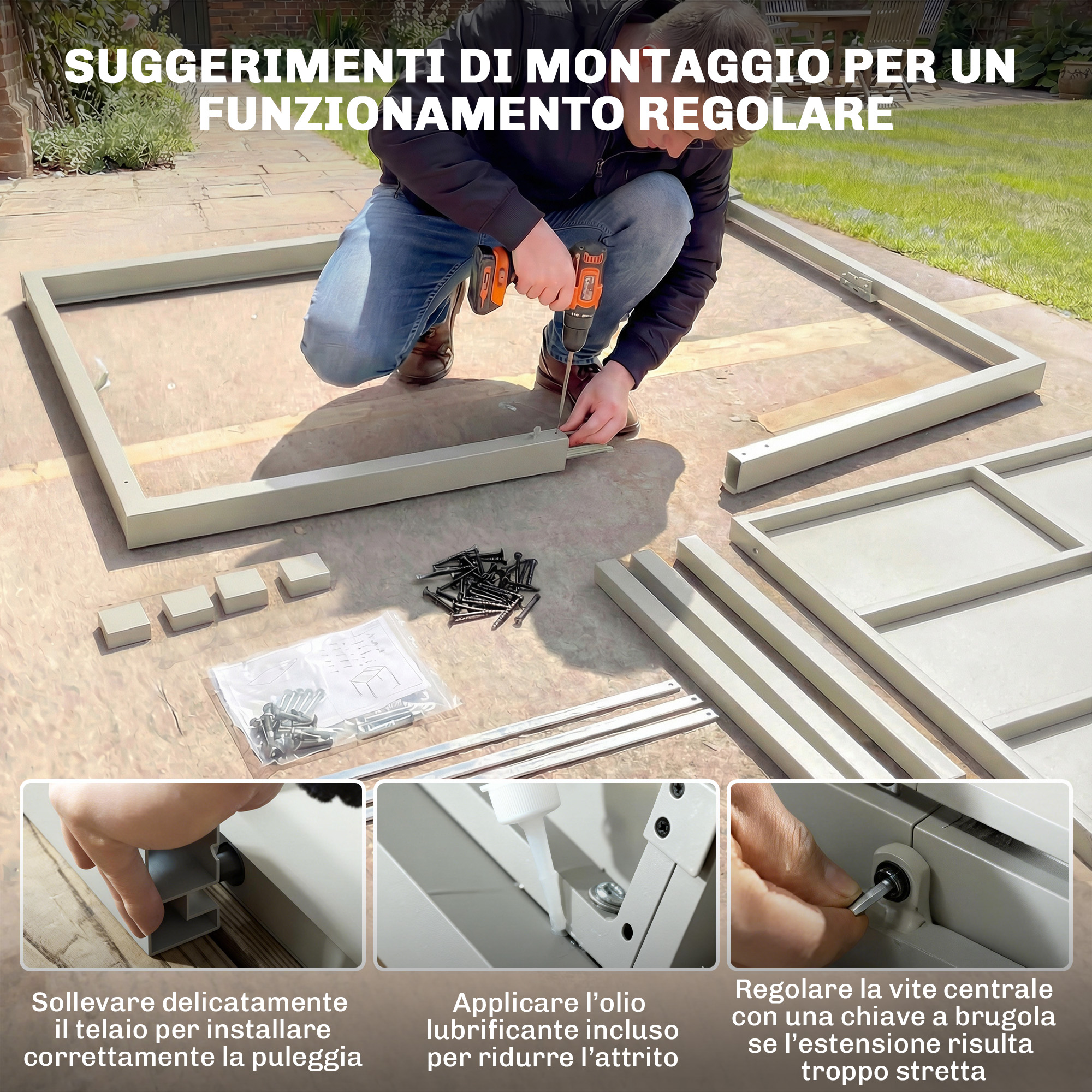 Uomo monta telaio metallico, con primi piani di montaggio e lubrificazione.