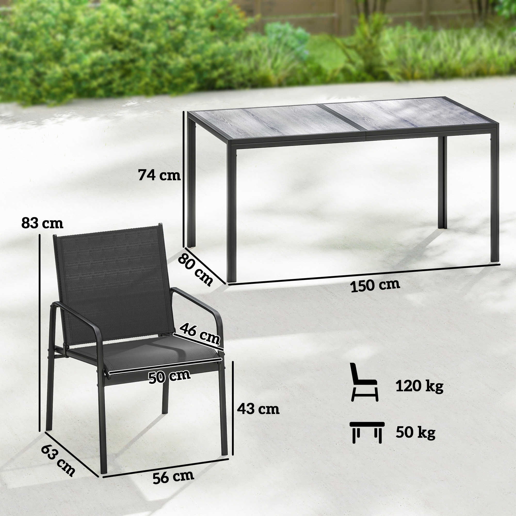 Una sedia nera e un tavolo con piano in vetro con dimensioni indicate.