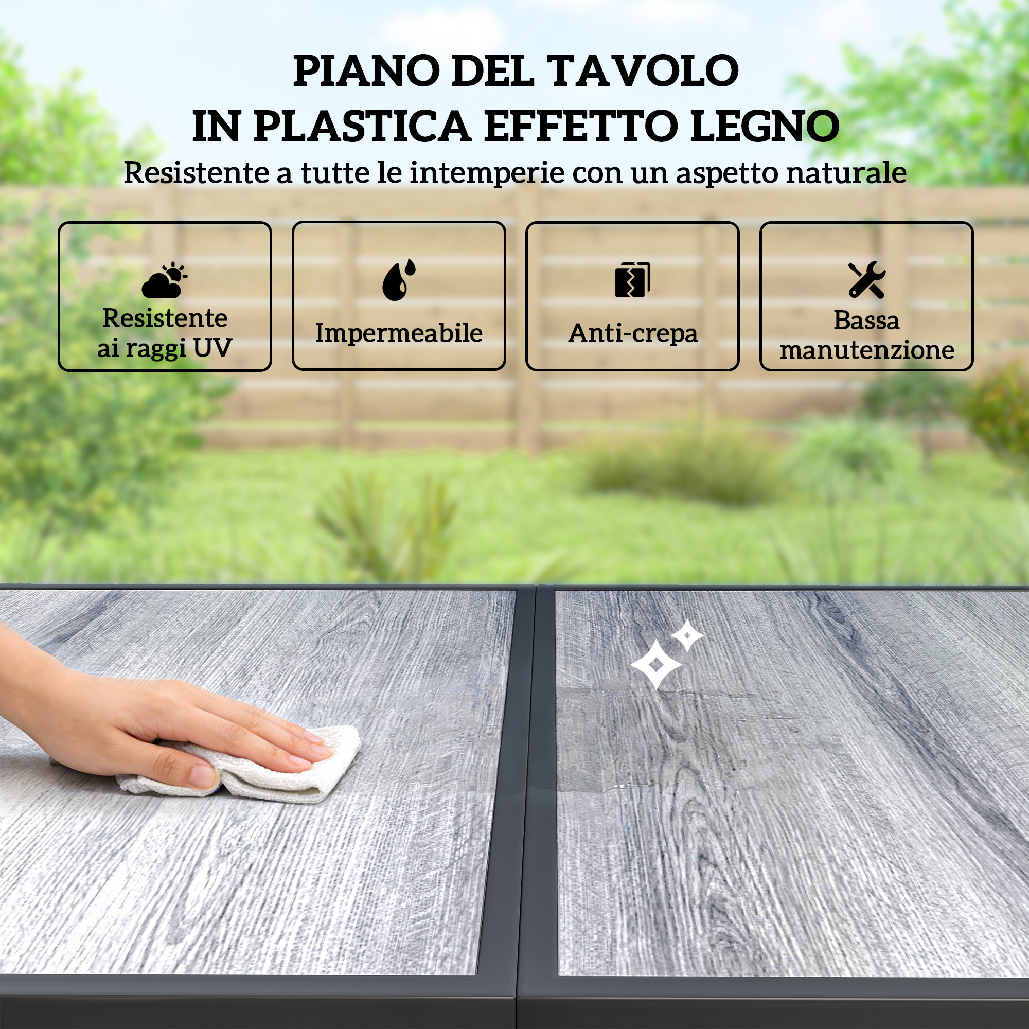 Piano tavolo plastica effetto legno, resistente UV, impermeabile, anti-crepa, bassa manutenzione.