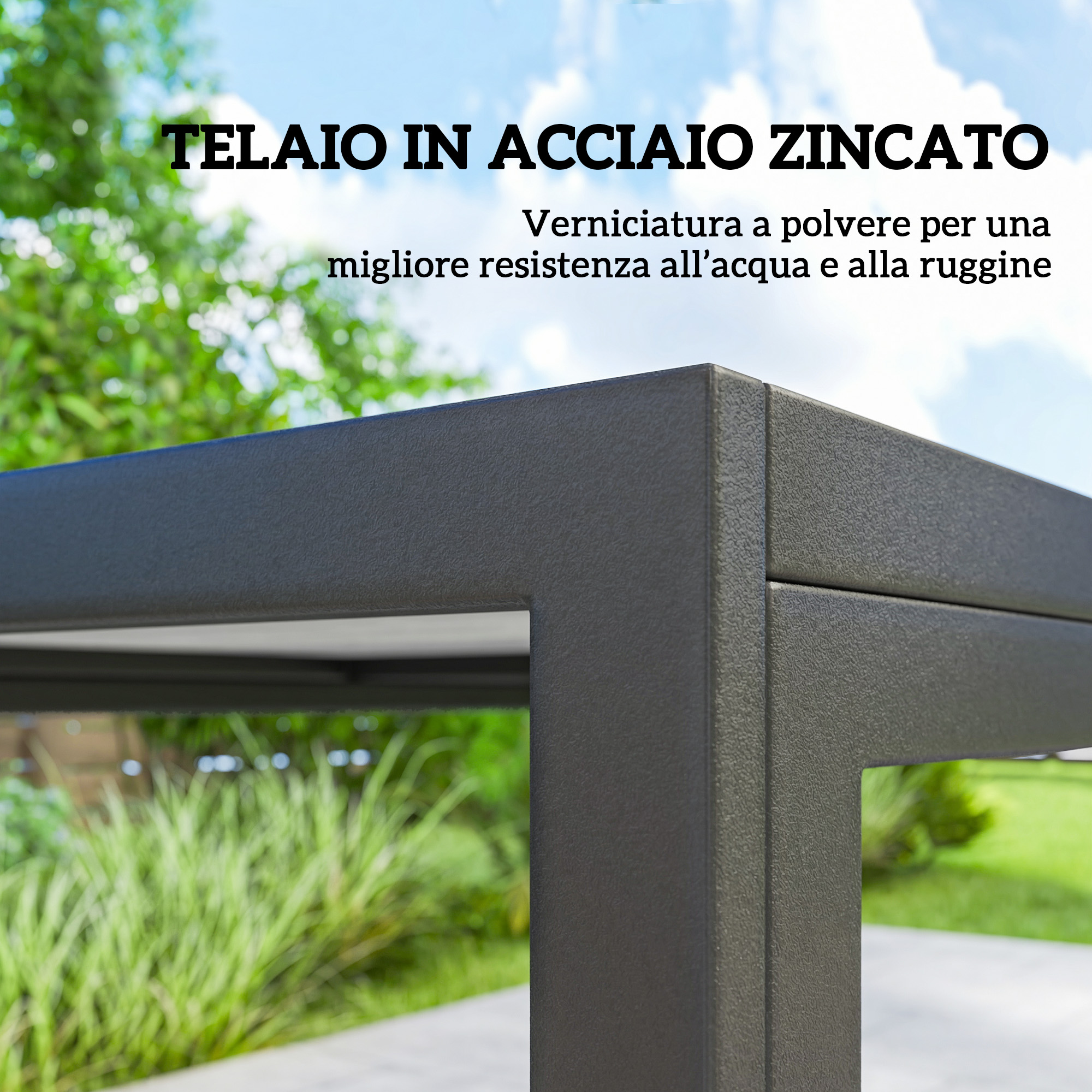 Telaio in metallo grigio scuro verniciato a polvere, all'aperto sotto cielo blu.