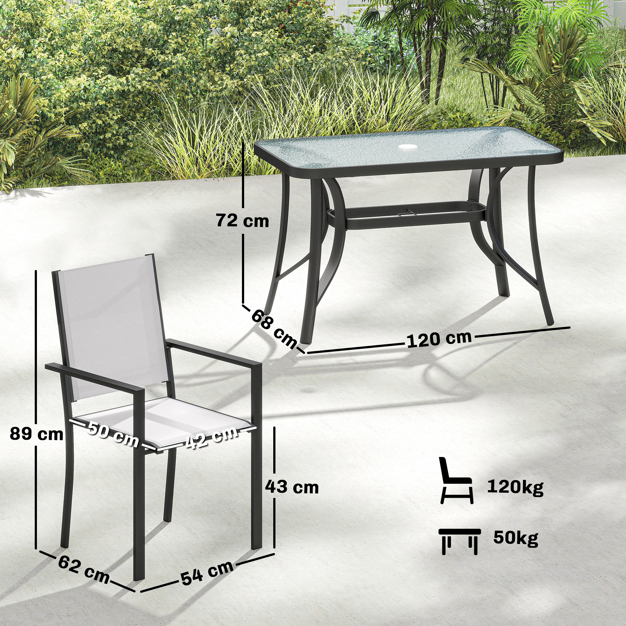 Un tavolo (120x68x72cm) e una sedia (62x54x89cm) all'aperto.