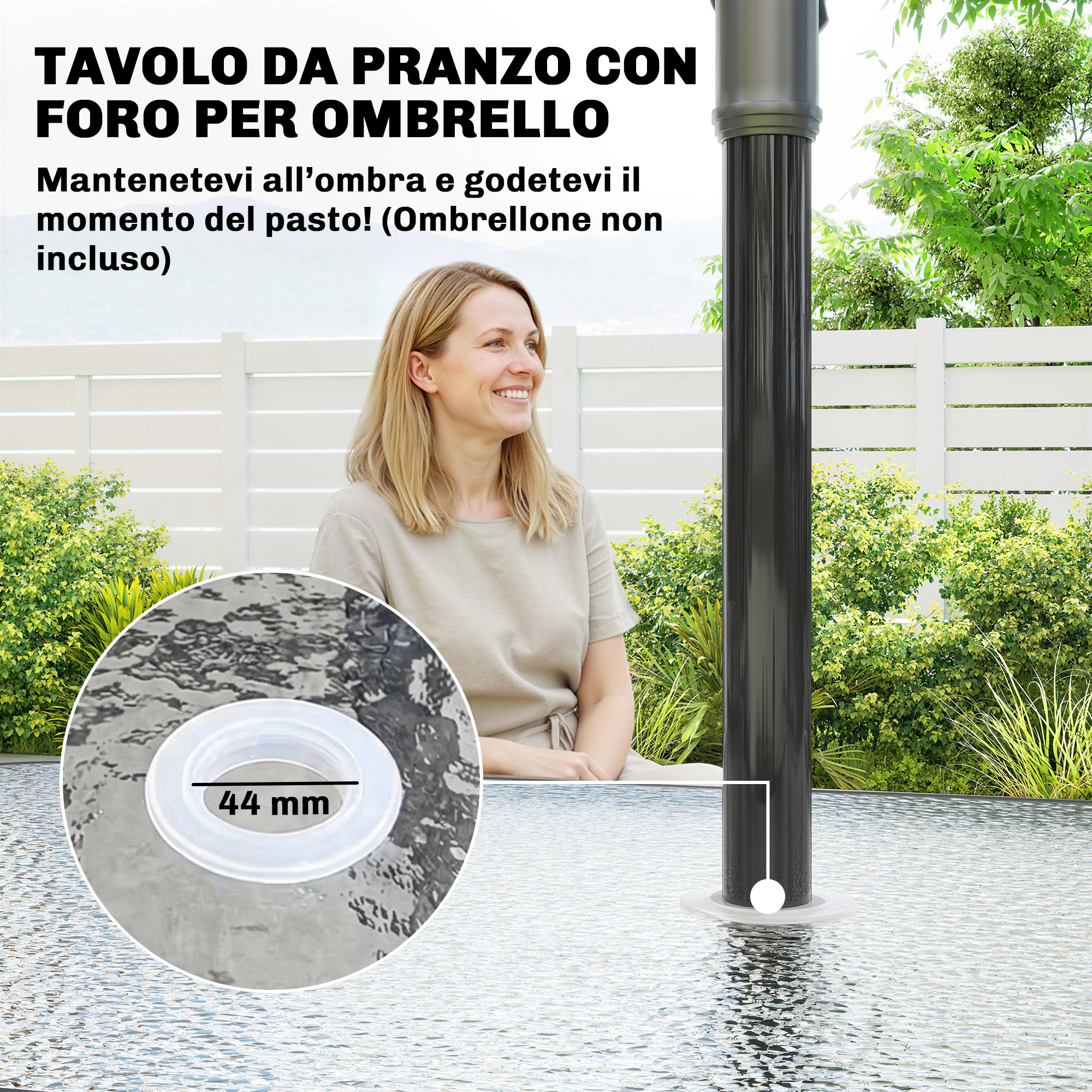 Un tavolo con foro per ombrellone e una donna all'aperto.