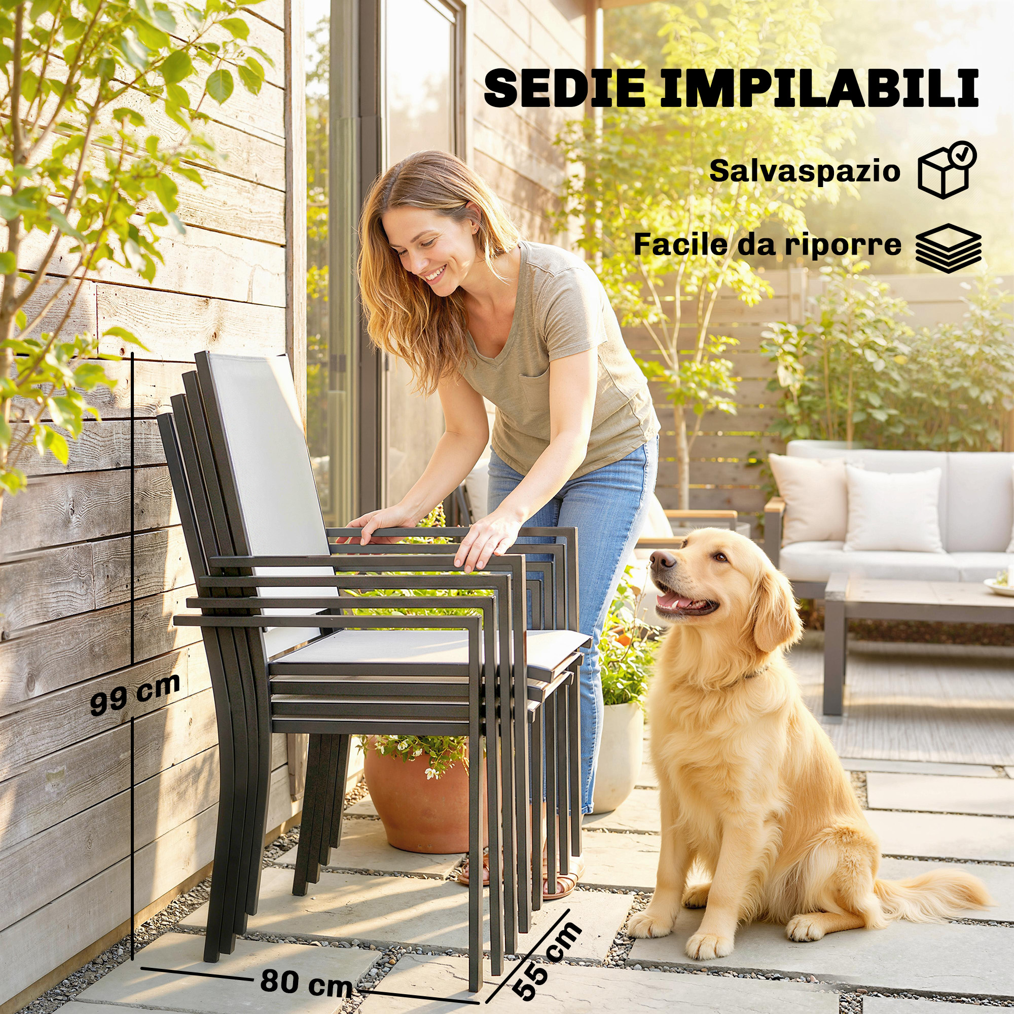 Donna impila sedie da giardino con cane accanto. Dimensioni: 99cm H, 80cm L, 55cm P.