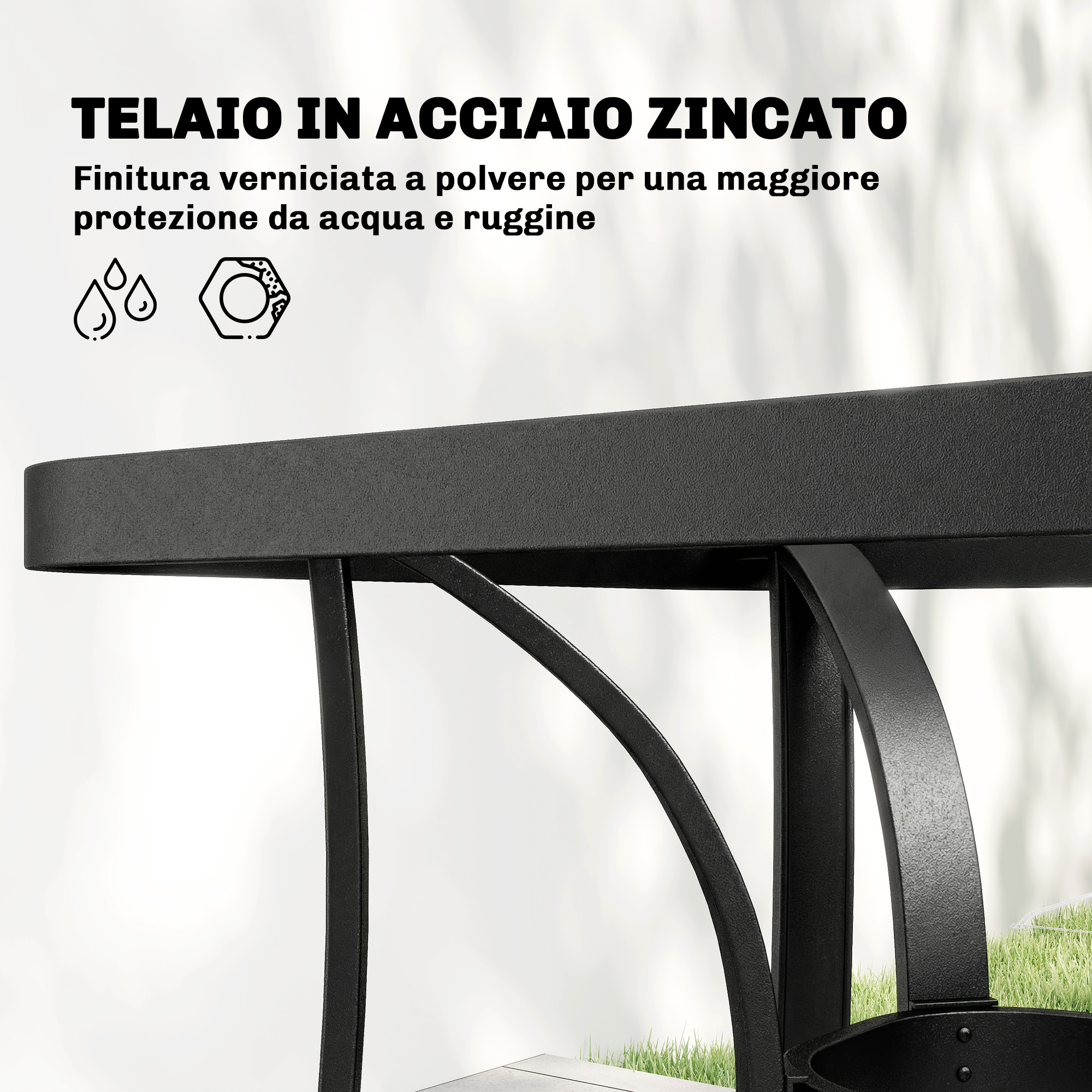 Telaio in acciaio verniciato nero con icone protezione acqua.