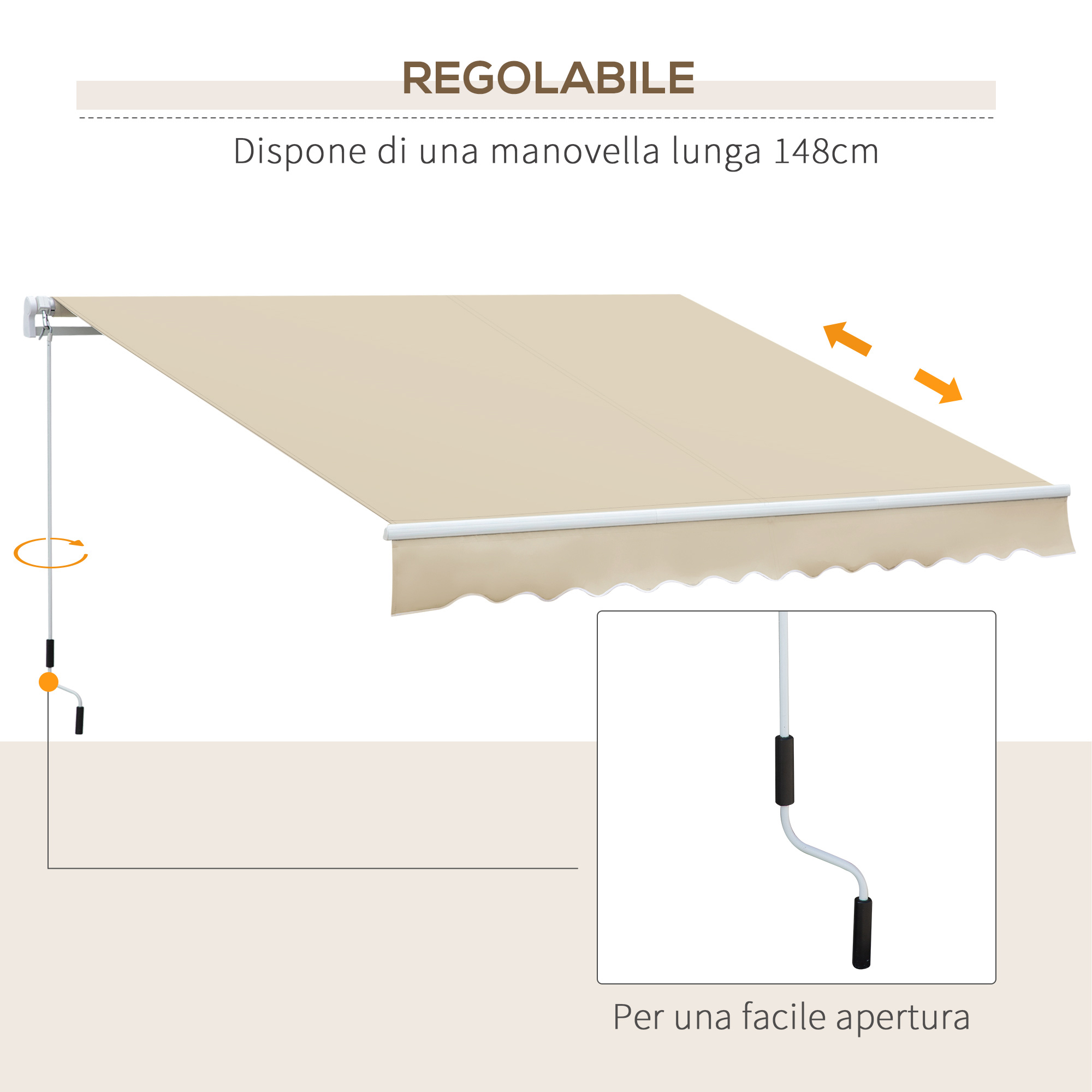 Tessuto da esterno beige con bordo smerlato e meccanismo a manovella.