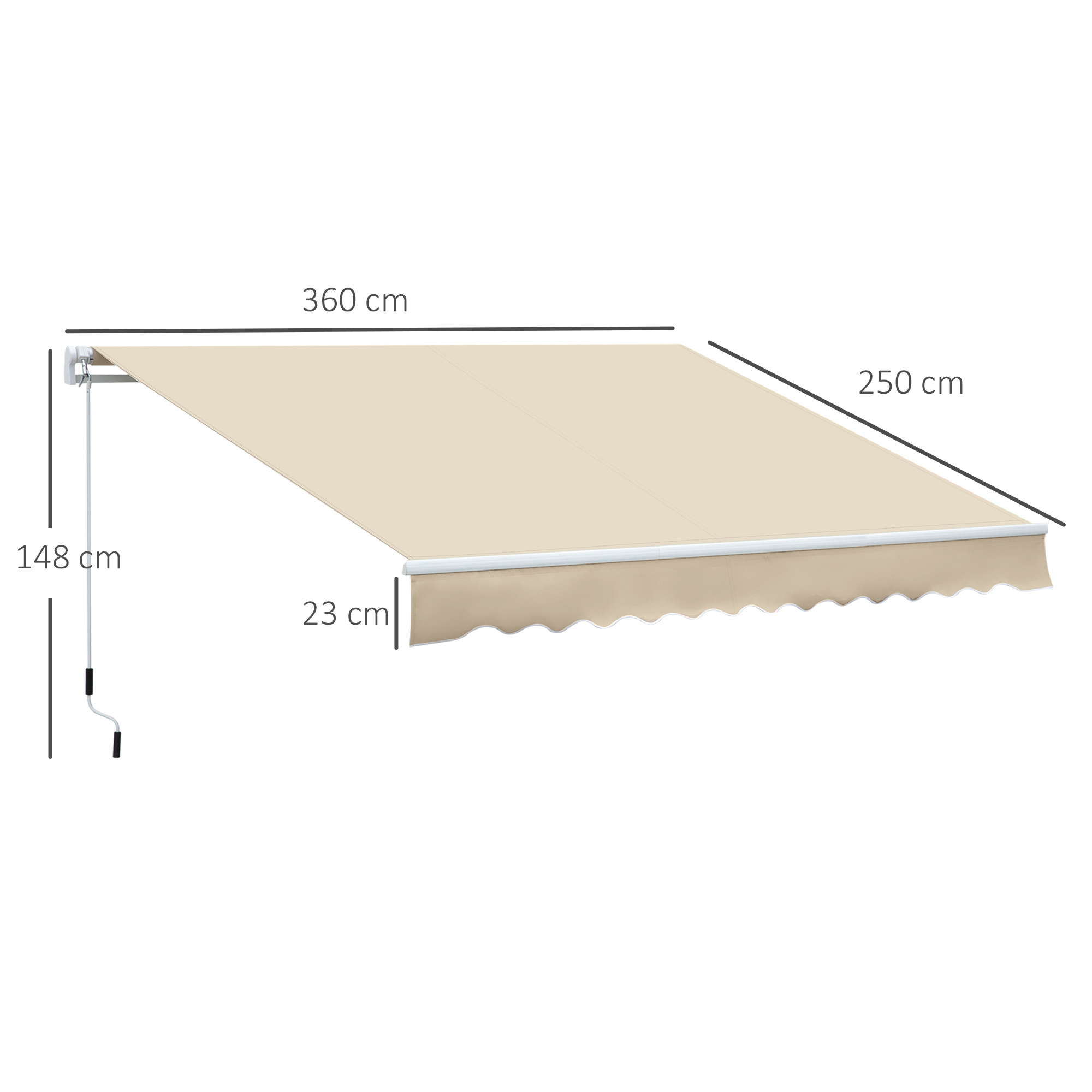 Una tenda da sole beige con dimensioni. Larghezza 360 cm, sporgenza 250 cm, altezza 148 cm, profondità 23 cm.