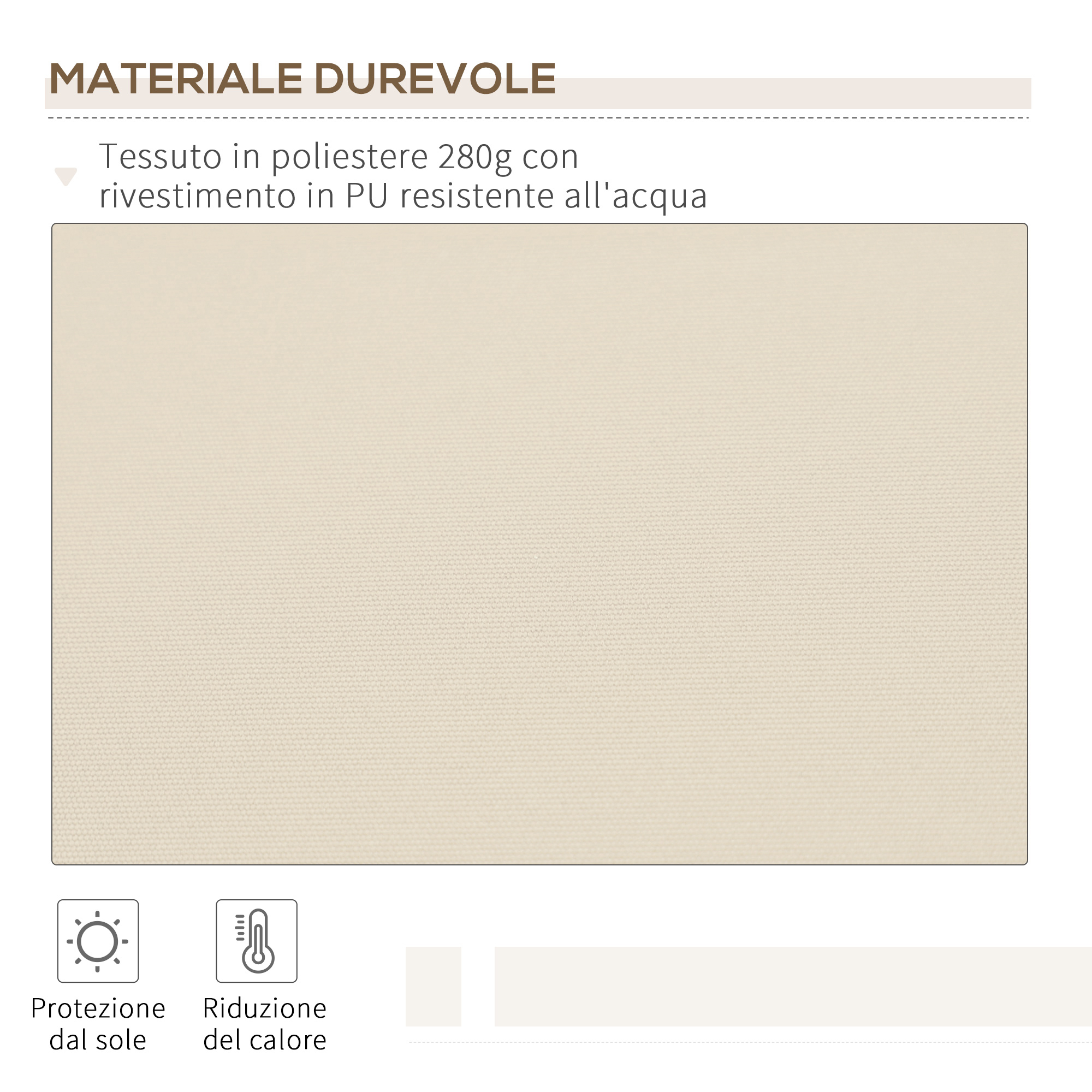 Campione di tessuto beige con testo e icone per protezione solare e riduzione calore.