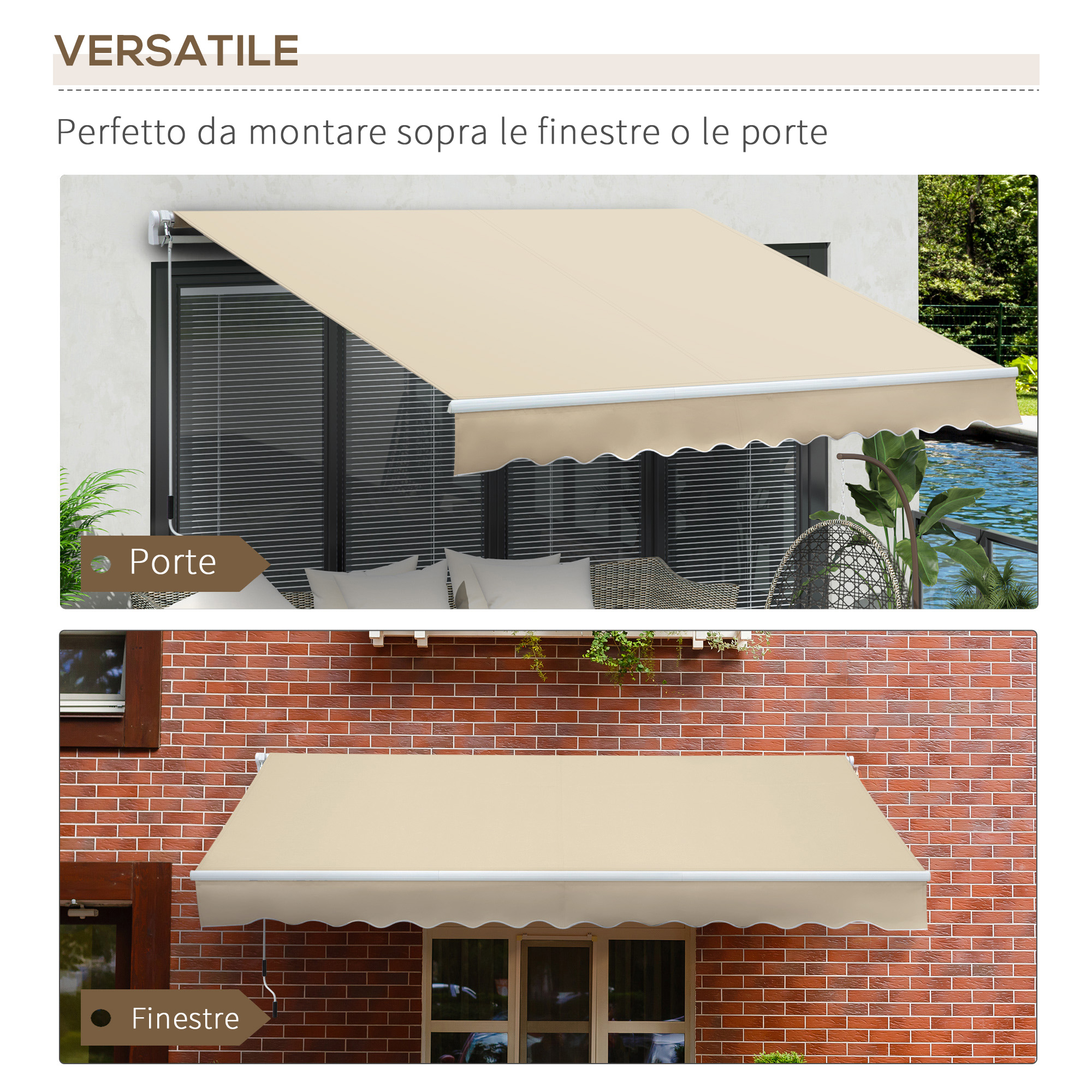 Una tenda da sole beige chiaro sopra una porta e finestre su un muro di mattoni.
