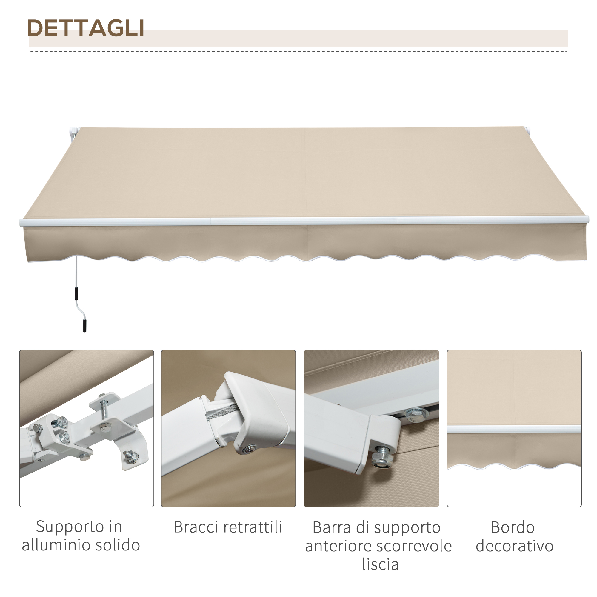 Tenda da sole beige con dettagli: staffa alluminio, bracci retrattili, barra.