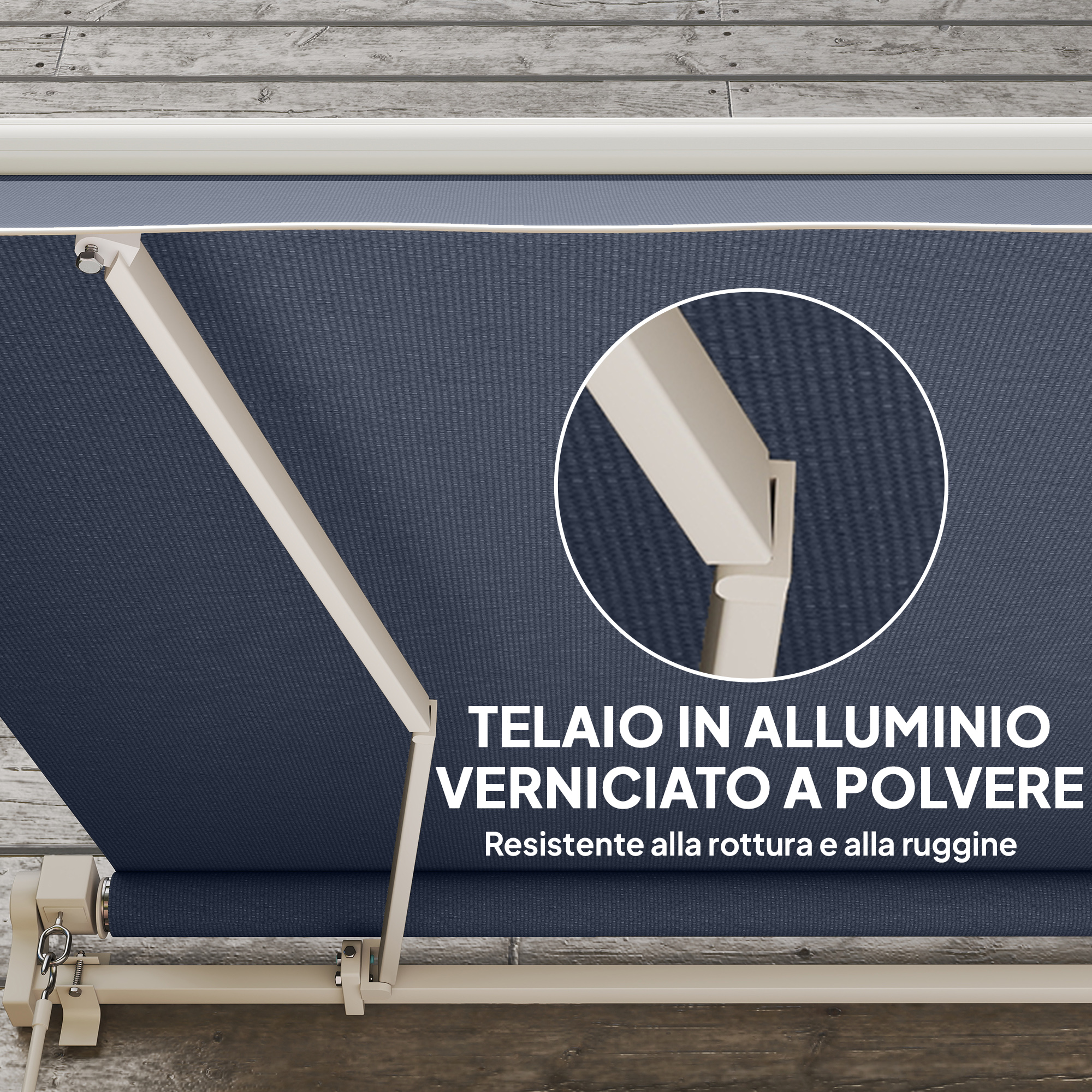 Tessuto tenda blu scuro con telaio in metallo beige, primo piano.