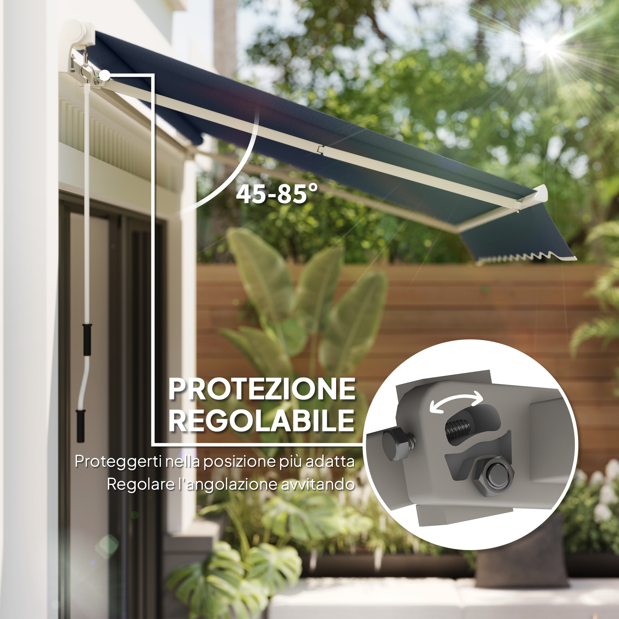 Tenda da sole retrattile con angolo regolabile da 45-85°.