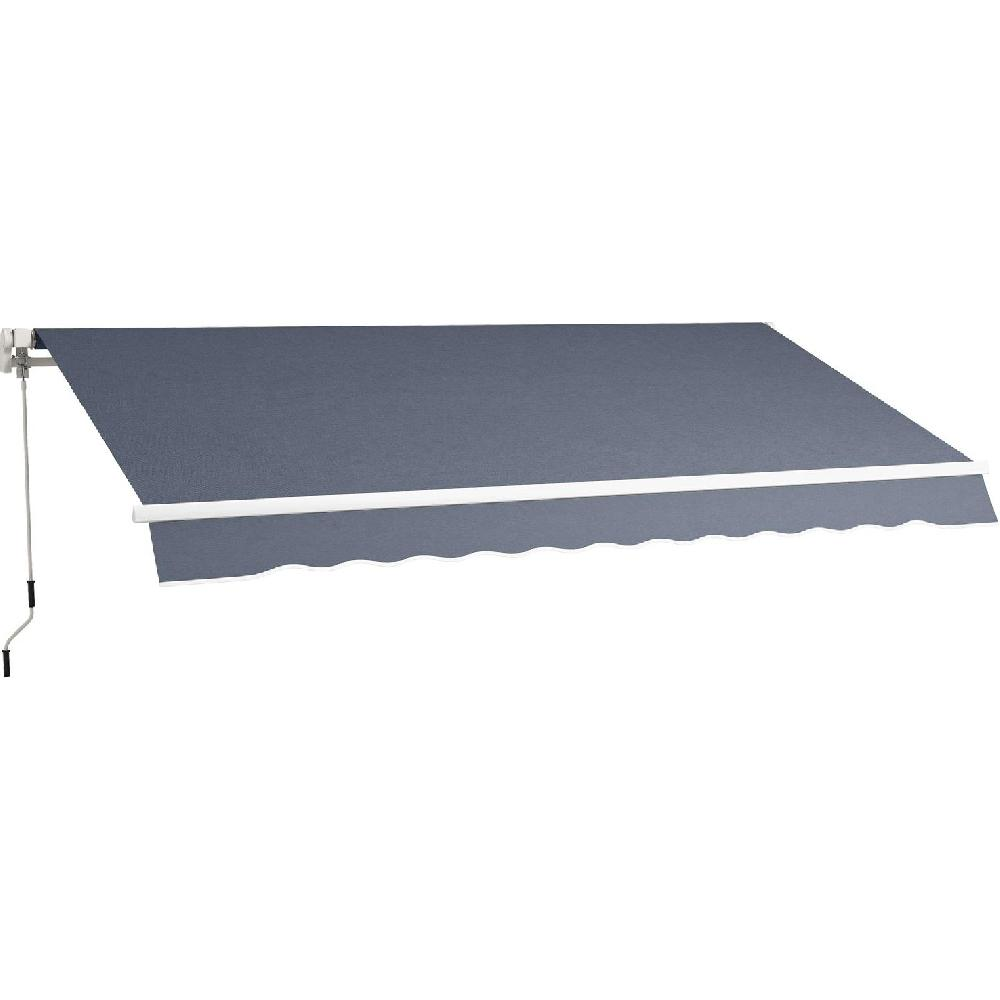 Un tessuto da tenda da sole grigio scuro dispiegato con orlo bianco contro un muro.