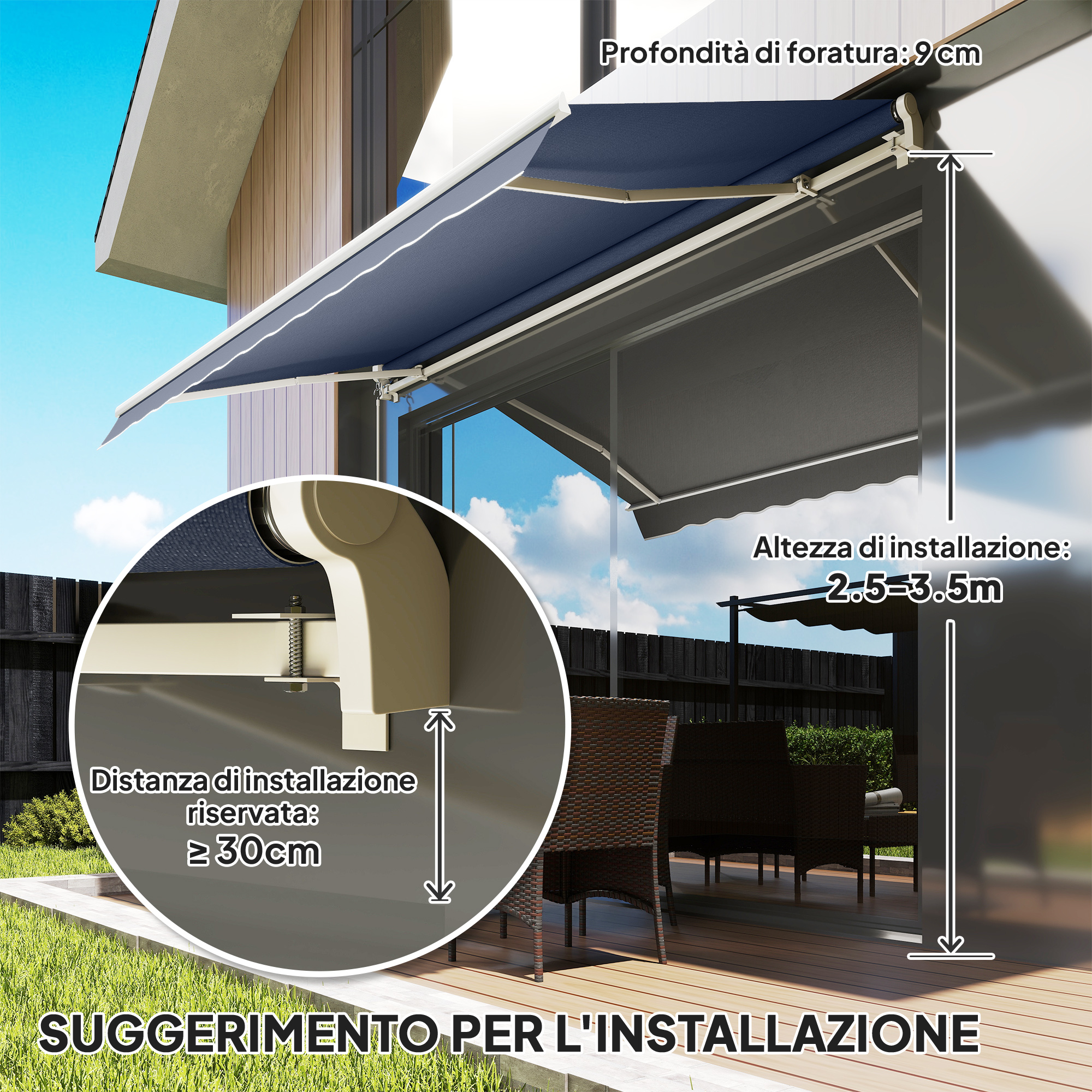 Tendalino con suggerimenti installazione: Prof. foratura 9cm, altezza 2.5-3.5m, dist. ≥30cm.