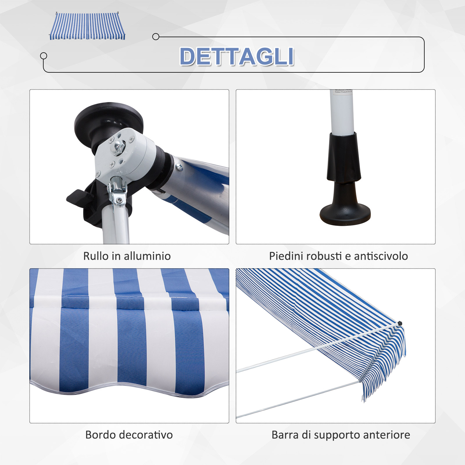 Dettagli di un sistema di tenda da sole a righe blu e bianche.