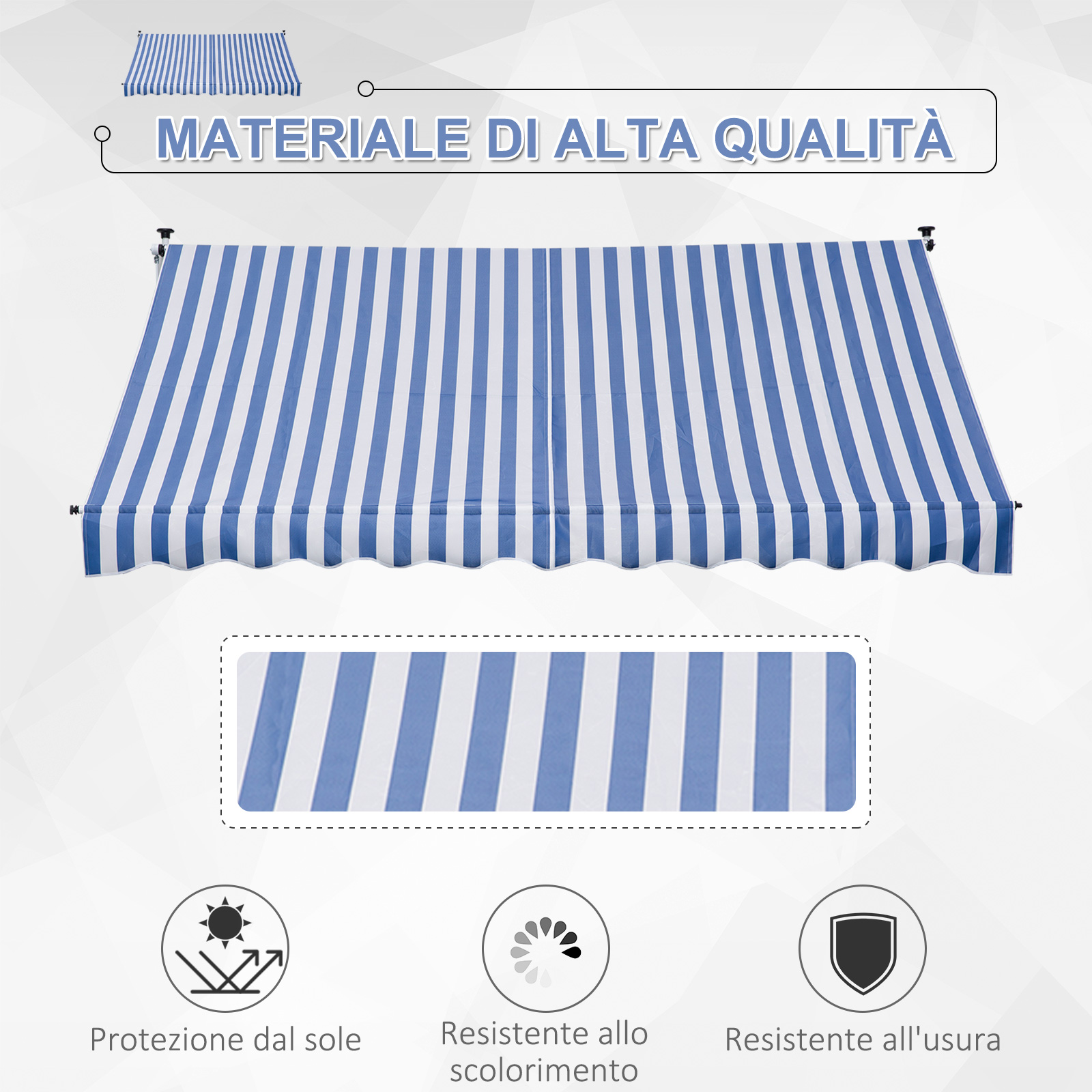 Tessuto per tenda da sole a righe blu e bianche con icone protezione solare.