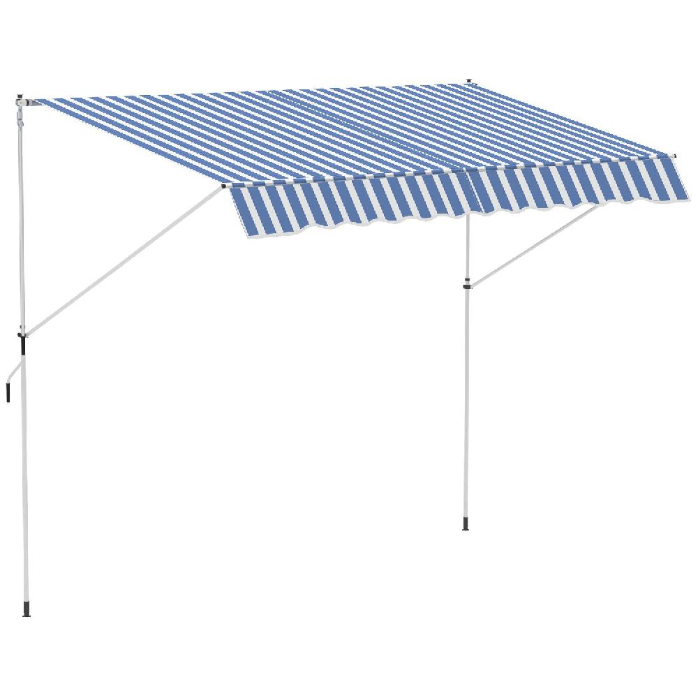 Una tenda da sole estesa con strisce blu e bianche.
