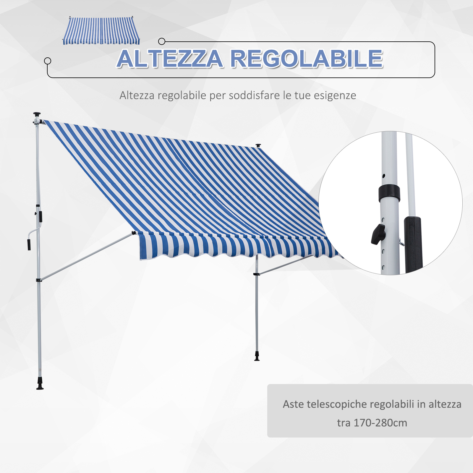 Una tenda da sole a righe blu e bianche con pali regolabili.