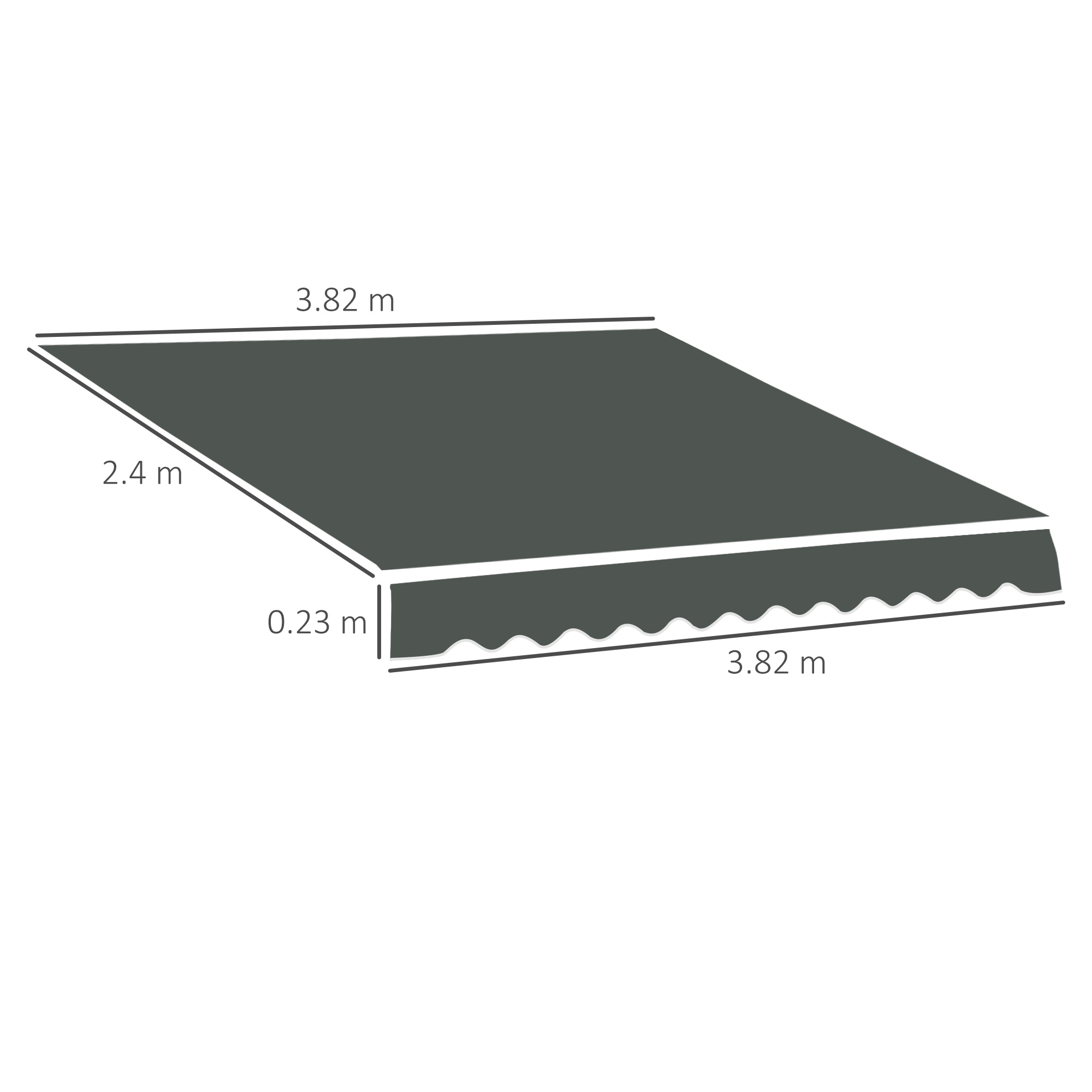 Tessuto tenda da sole grigio con dimensioni 3,82m x 2,4m e caduta 0,23m.