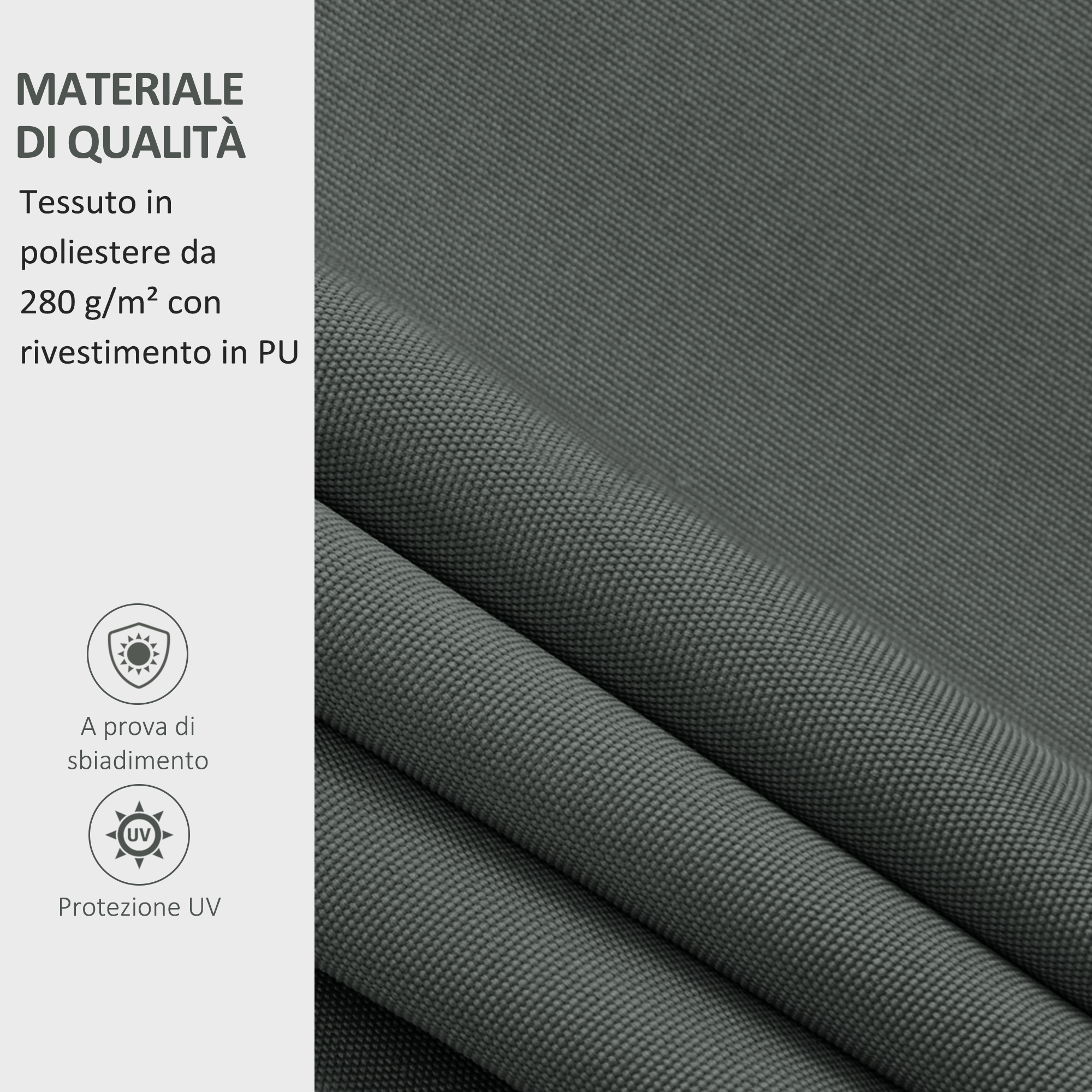 Tessuto poliestere grigio con rivestimento PU, 280 g/m², protetto UV.