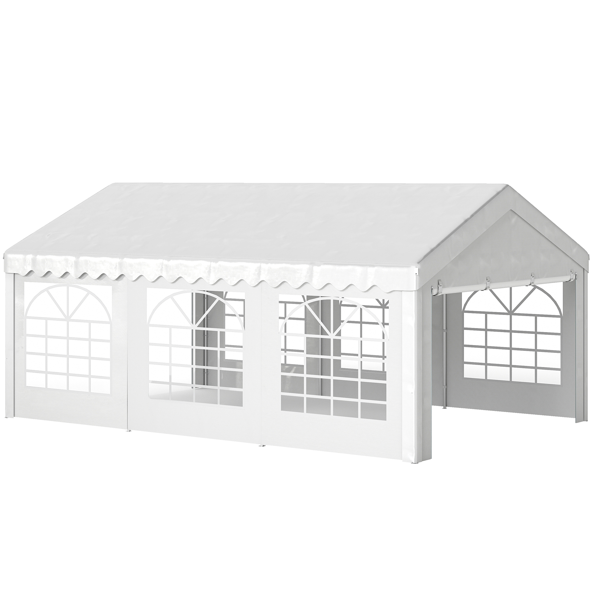 Una tenda bianca da festa con finestre e tetto spiovente.