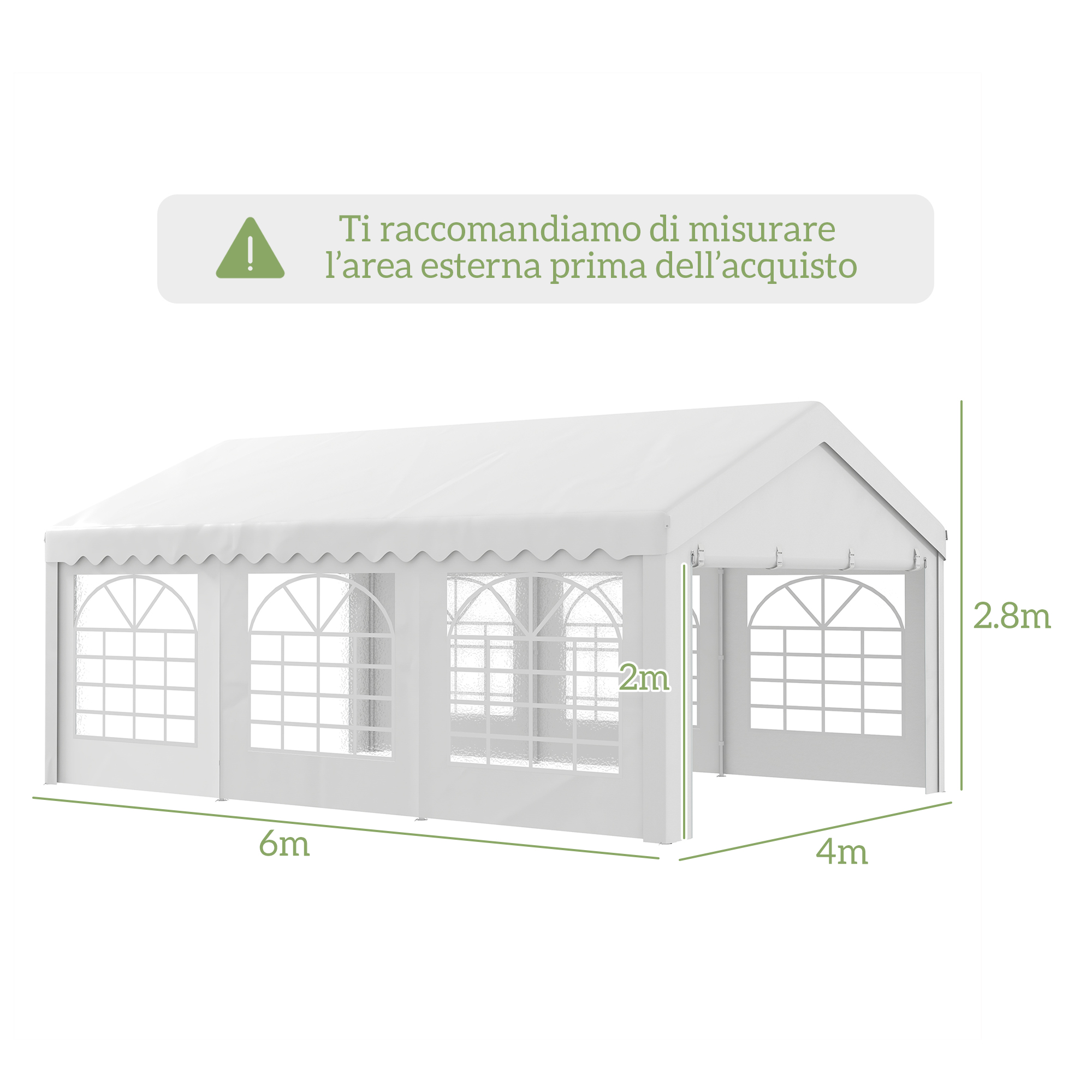 Una tenda bianca con finestre, 6m L x 4m P x 2,8m H, altezza laterale 2m.