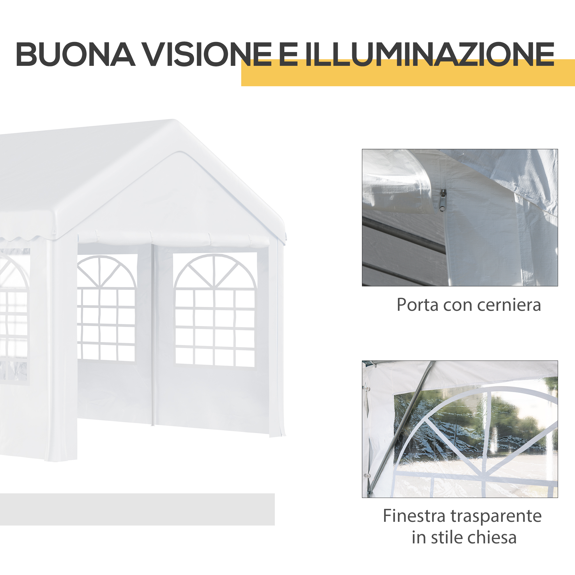 Una tenda bianca con grandi finestre e porta con cerniera.